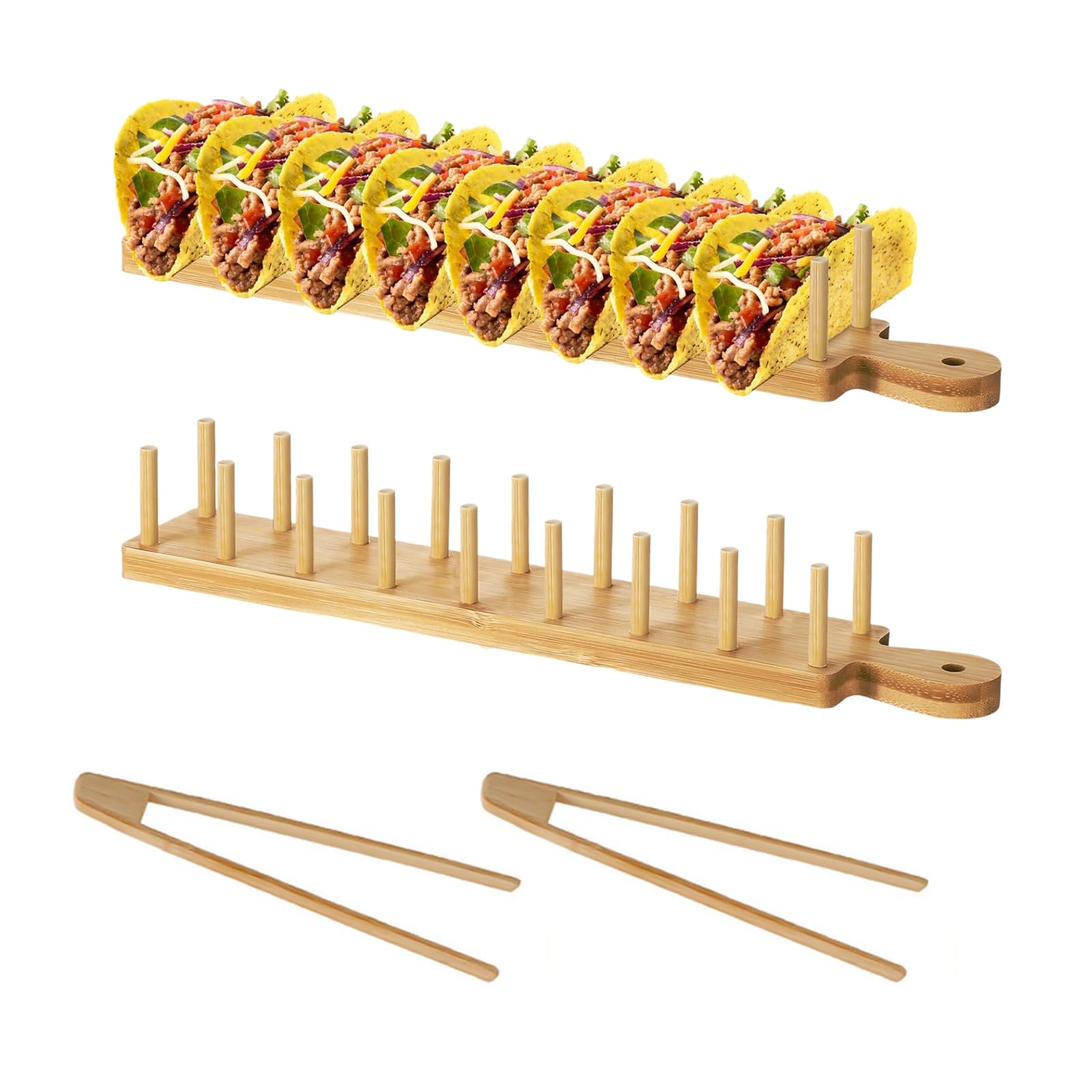 2 Pezzi Supporti Taco in Legno, Porta Tacos, Vassoio per Tacos, Vassoio per Burritos, Struttura Robusta 8 Posti, 2 Pinze Incluse, per Tortillas, Hot Dog, Panini, Torte e Pane