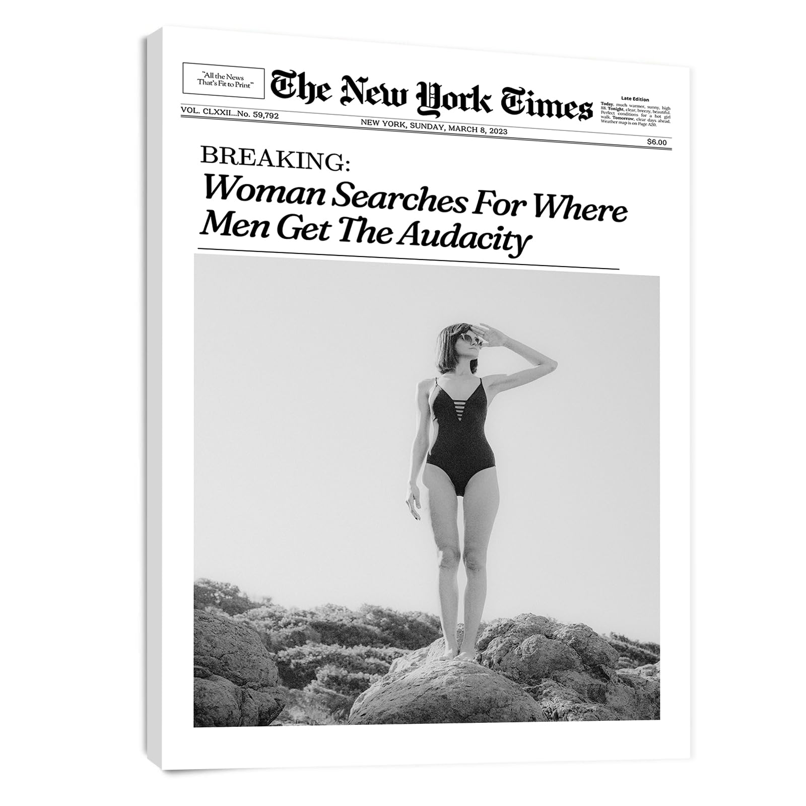 Aroutde Black and White NewsPaper Canvas Wall Art Framed Trendy Coastal Girl Wall Decor Woman Searches For Where Men Get The Audacity Poster for Home Apartment Decor 12x16 Inch