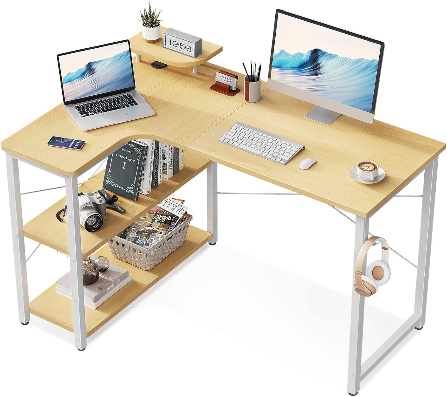 Fully assembled ODK L-shaped desk with computer and accessories.