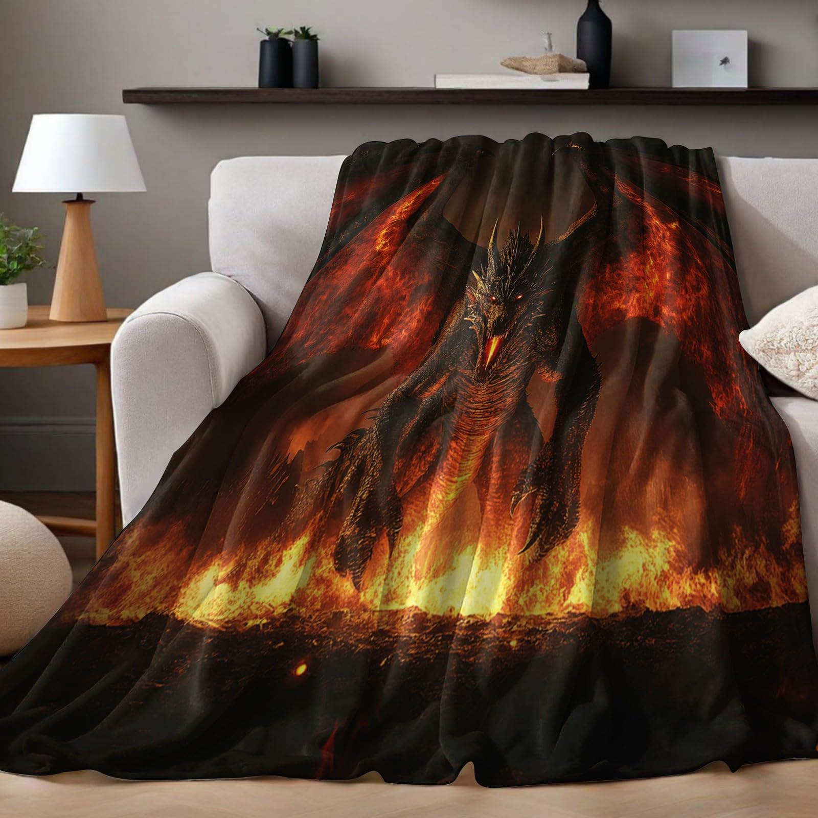 Kuscheldecke 220 x 240 cm Feuerdrache Flanelldecke Mikrofaser Wohndecke Sofadecke Weiche Decke 3D Digitaldruck für Kinder Erwachsene