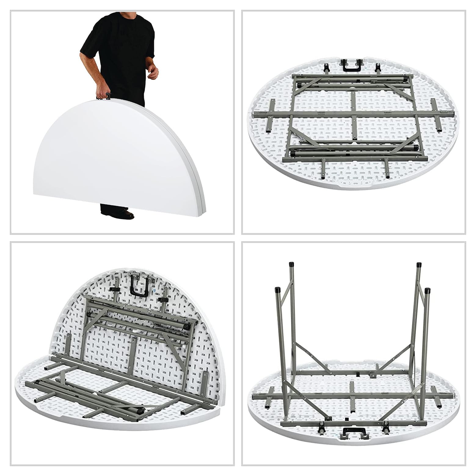 Brigros MBI - Tavolo Pieghevole da Giardino Rotondo 180x74 cm Bianco, Perfetto come Tavolo da Campeggio, da Buffet, da Cucina, Tavolino Salvaspazio a Valigetta con Maniglia