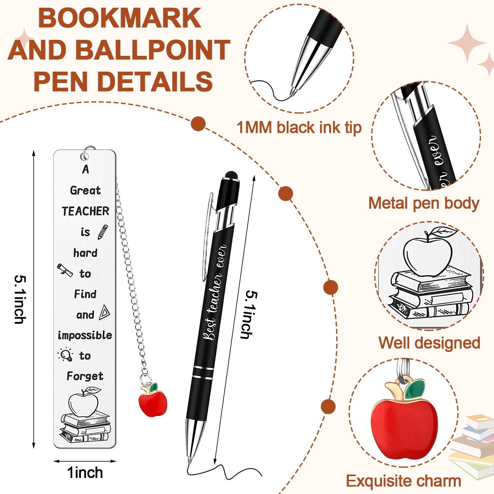 ULELE 4 Pcs Thank You Teacher Gifts Christmas Teacher Gifts for Men Best Teacher Ever Leather Journal Gifts Teacher Appreciation Keyring Bookmark Ballpoint Pen for Thanksgiving Christmas Graduation - Image 3