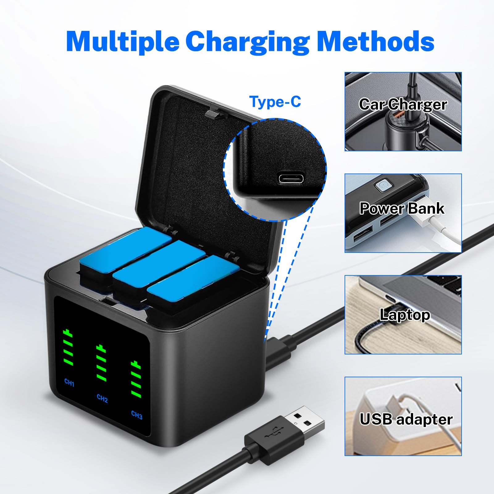 Lot de 3 batteries de rechange 2580 mAh pour GoPro Hero 12/11/10/9 avec station de charge 3 canaux de type C (pas pour Hero 13/8)