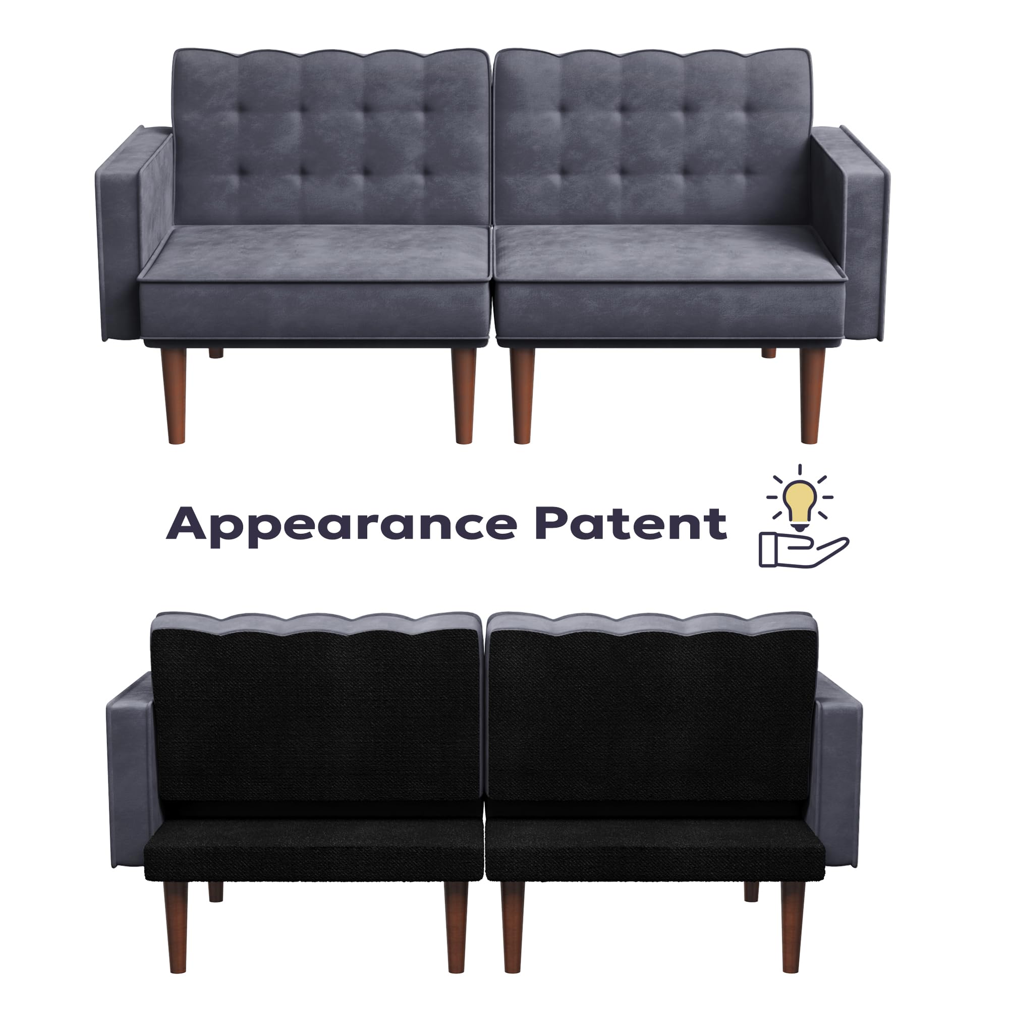 Furnify 71" Velvet Futon Sofa Bed, Versatile Loveseat Couch, Sleeper Sofa with Adjustable Backrest, Mid Century Modern Futon Couch for Small Space, Living Room, Office & Apartment, Velvet Fabric Grey