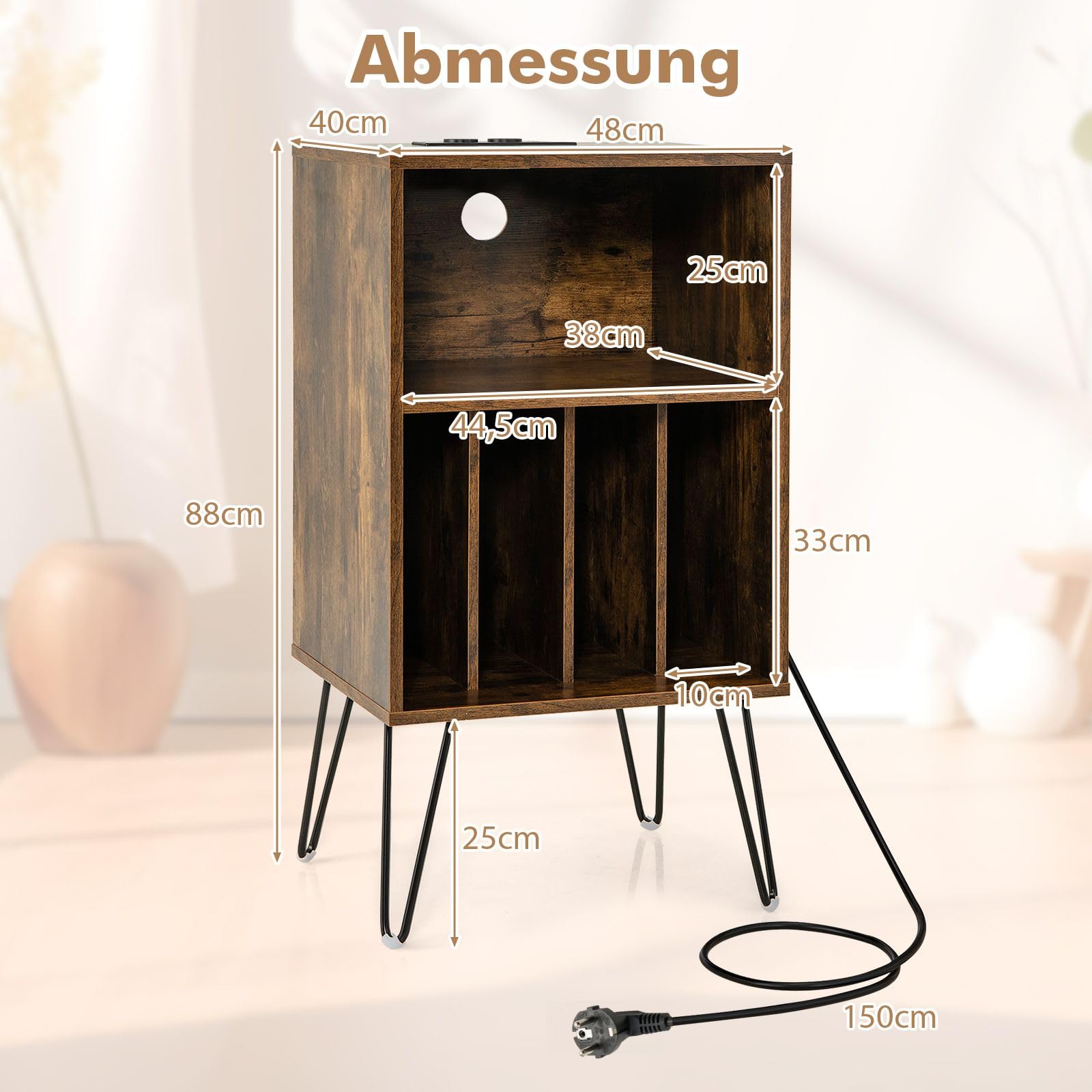 COSTWAY Plattenspieler-Ständer mit Ladestation, 3-stufiger Schallplattenständer, Vinylplatten Aufbewahrungstisch mit Regal & 4 Trennwänden für Wohnzimmer 48 x 40 x 88 cm (Industriell)