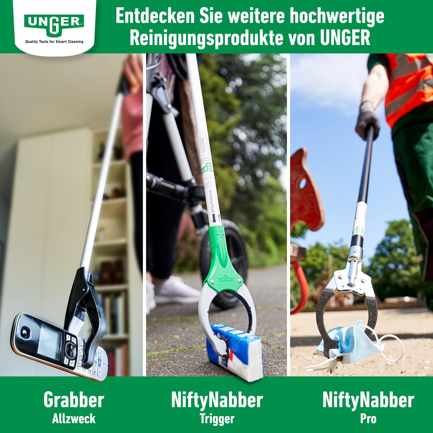 Unger NiftyNabber Trigger Allzweckgreifer (93 cm lang, Müllzange, mit Magnetspitze, Greifkopf 360° drehbar, sehr robust) NT090