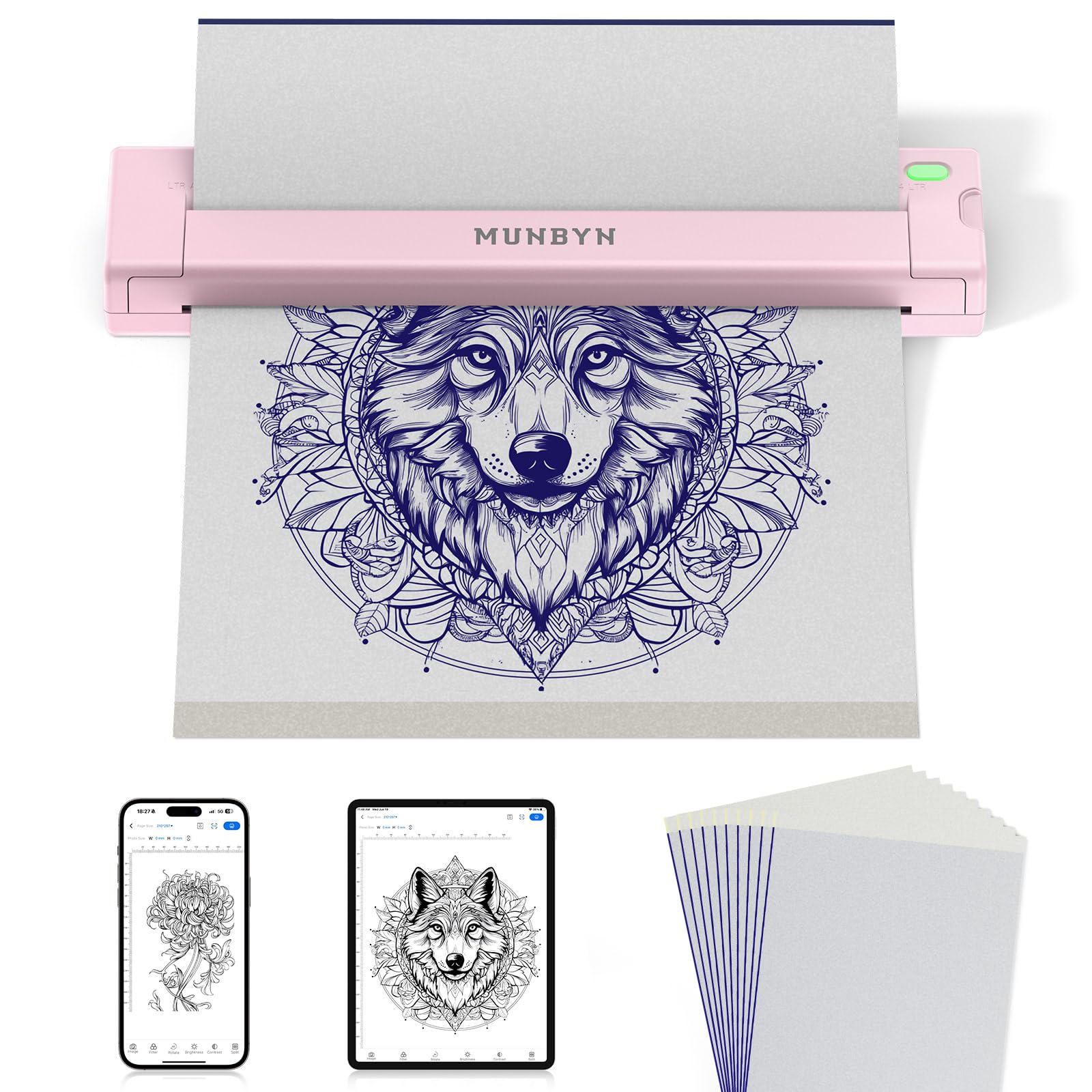 MUNBYN Termocopiadora Tattoo Bluetooth, Impresora Termica Tatuajes para DIY, Compatible con Smartphone y PC, Incluye 10 Hojas de Papel de Transferencia, ITP05S Rosa