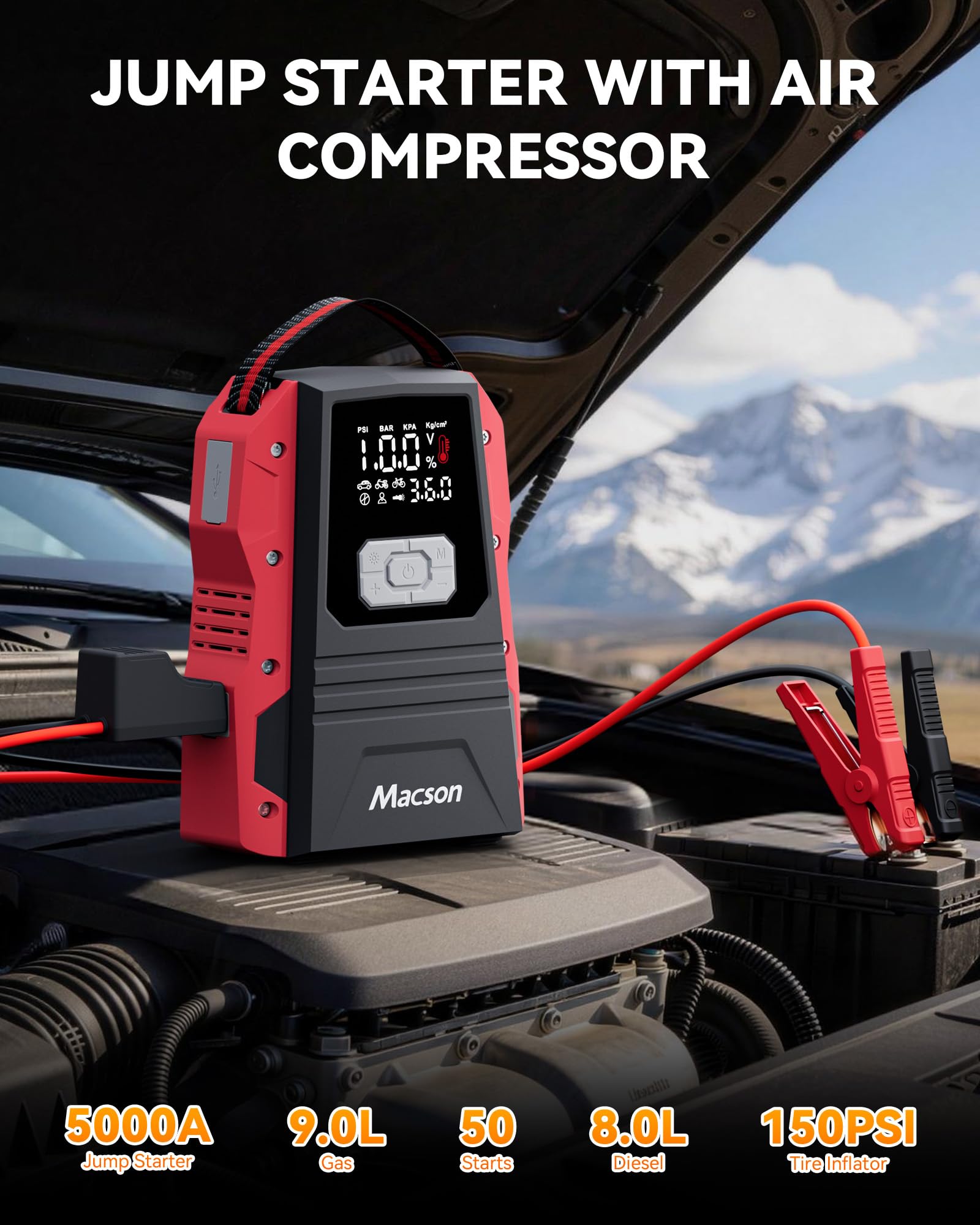 Macson Batteria per auto da 5000 A, batteria portatile da 12 V, per motori diesel da 9,0 l, avviamento con 150 PSI, cavo di avviamento, torcia a LED pieghevole