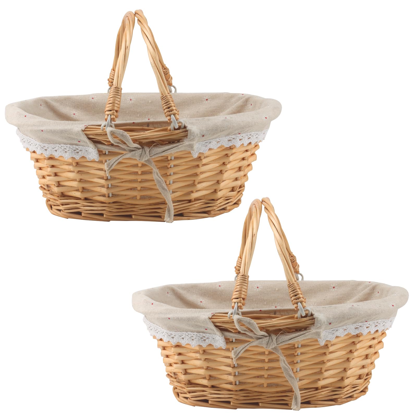 2 PCS 32 x 23 x 12cm Oval Wicker Picnic Basket, Woven Willow Basket with Folding Handle Lining for Picnic