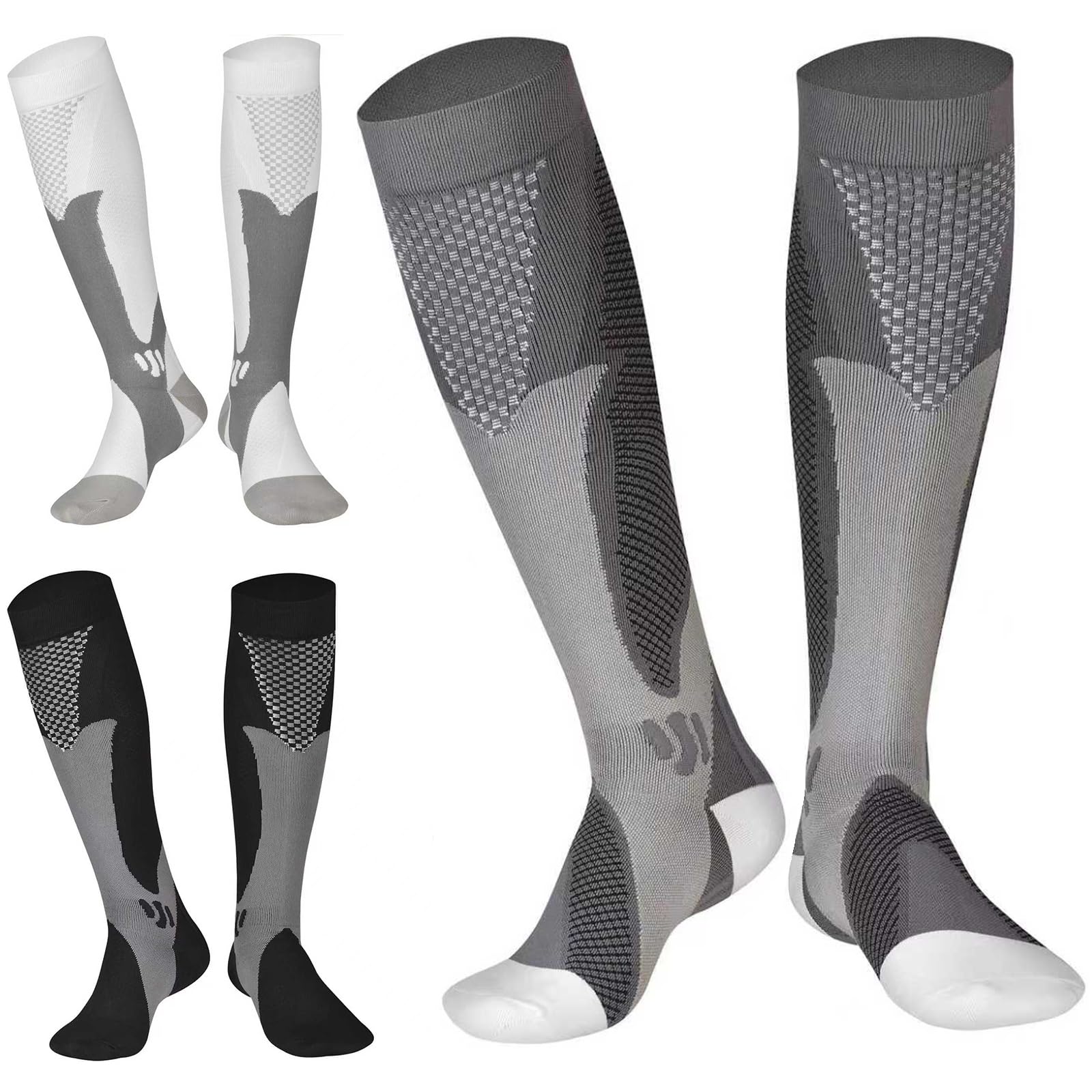 Gcbiger Unisex Black+White+Grey Compression Socks (3 Pairs) For Men Circulation 20-30 Mmhg Medical Compression Stockings Women Nursing (, Xxxl)