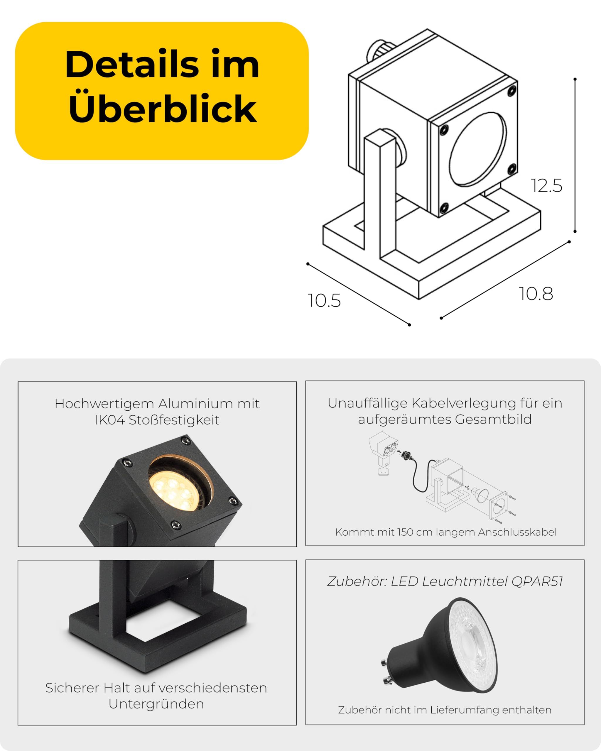 SLV CUBIX | Bodenstrahler zur Außen-Beleuchtung von Garten, Terrasse, Pflanzen, Wegen, Teich, LED Strahler, Mobile Leuchte| Stecker, IP44, GU10