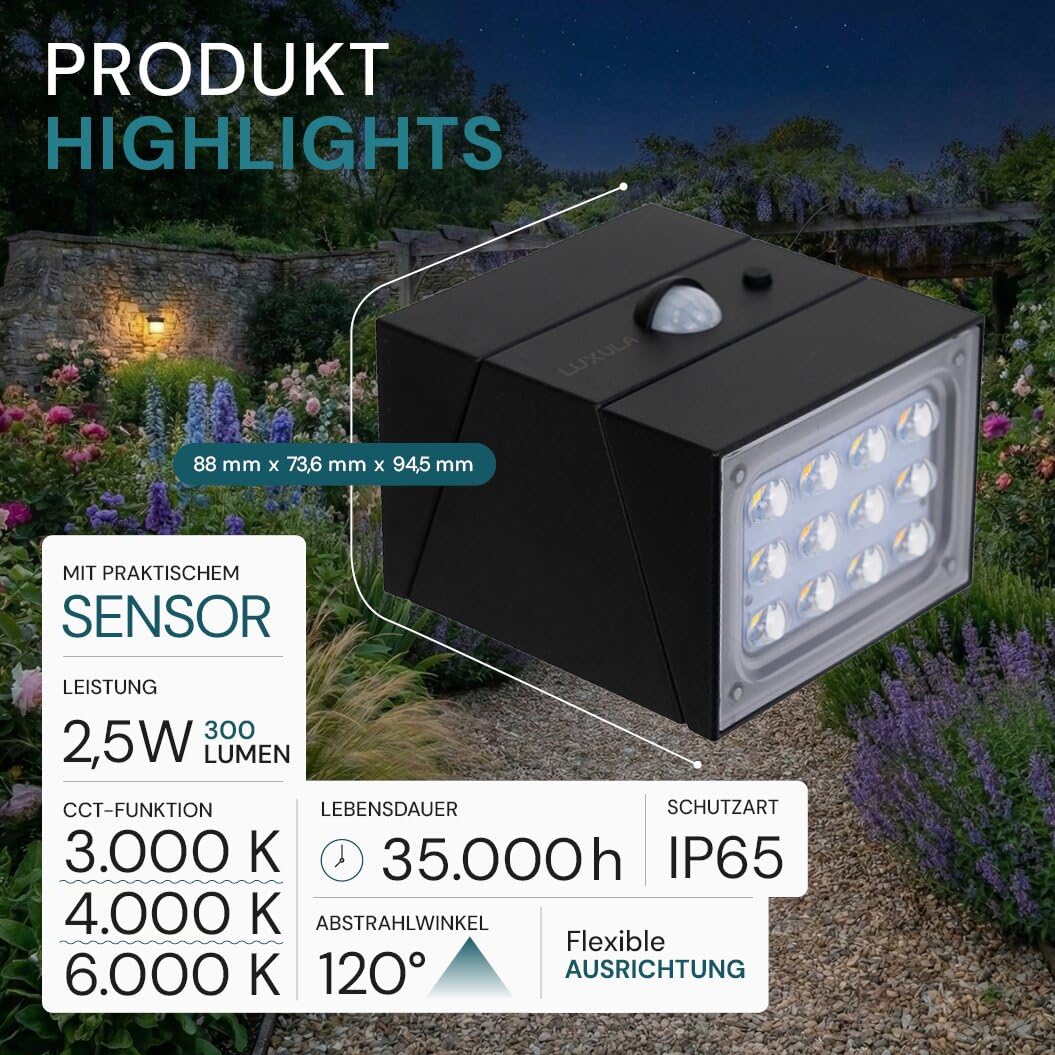 LUXULA LED Solar Wandleuchte außen mit Bewegungsmelder Schwarz 6 Stück - Solar Strahler für außen IP65 wetterfest, Außenleuchte drehbar, 3 Lichtfarben 3000K 4000K 6000K - Außenbeleuchtung Solar