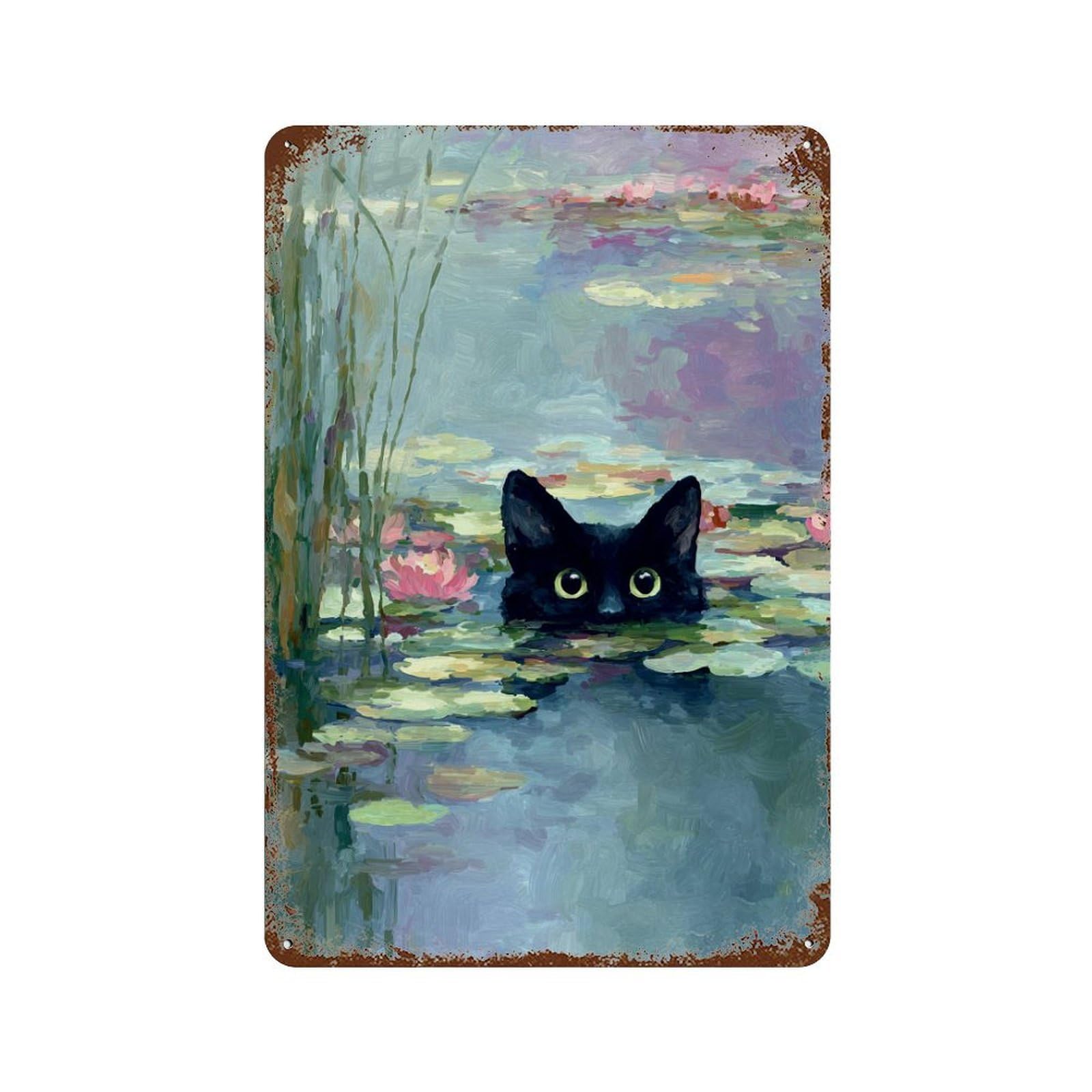 Rust Effect Black Cat in Pond Aged Metal Wall Plaque 11.8"x7.9", Industrial Home Decor for Cafe, Home Bar And Lounge Decor