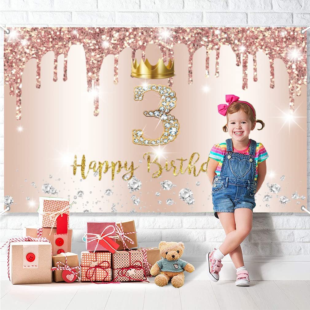 3e verjaardag decoraties voor meisje, gelukkige 3e verjaardag achtergrond banner party deco meisje 3 jaar oud teken poster roségoud foto achtergrond feestbenodigdheden, 150 cm x 90 cm