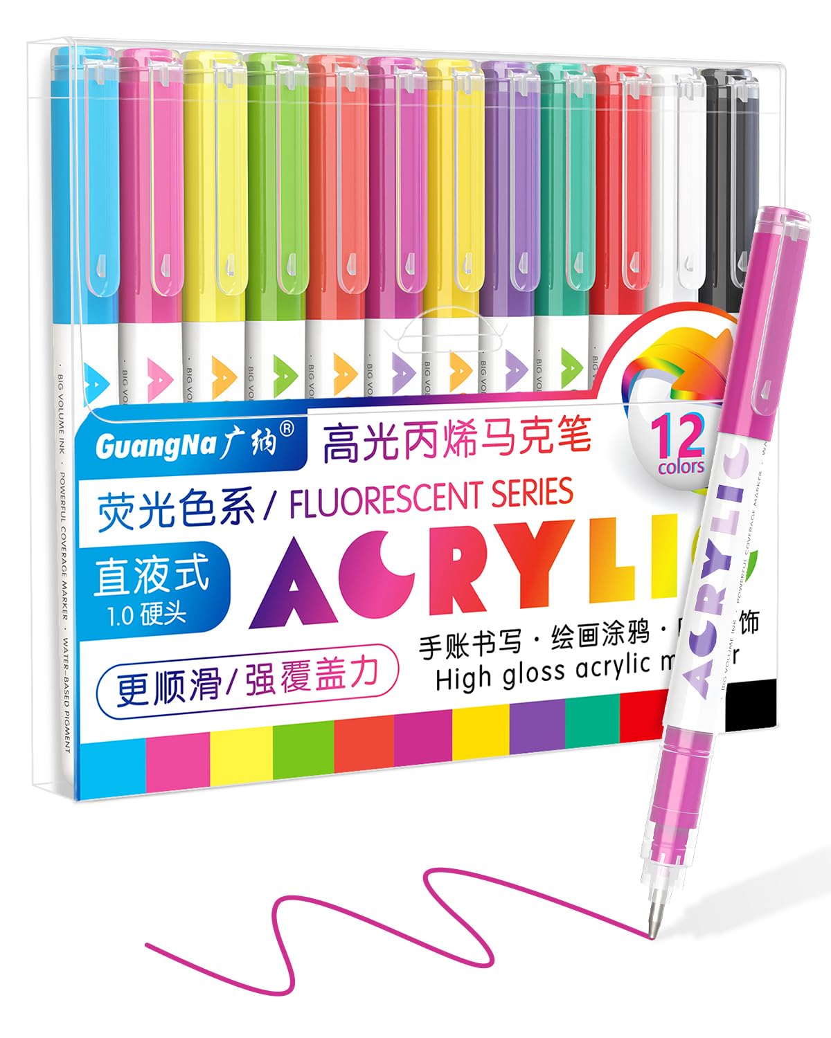Guangna - Fluorescent Acrylic Gel Pens, 12 Colors, Colored Pens for Journaling, Coloring Books, Calligraphy, Note Taking and Crafts, RollerBall Pen Tip