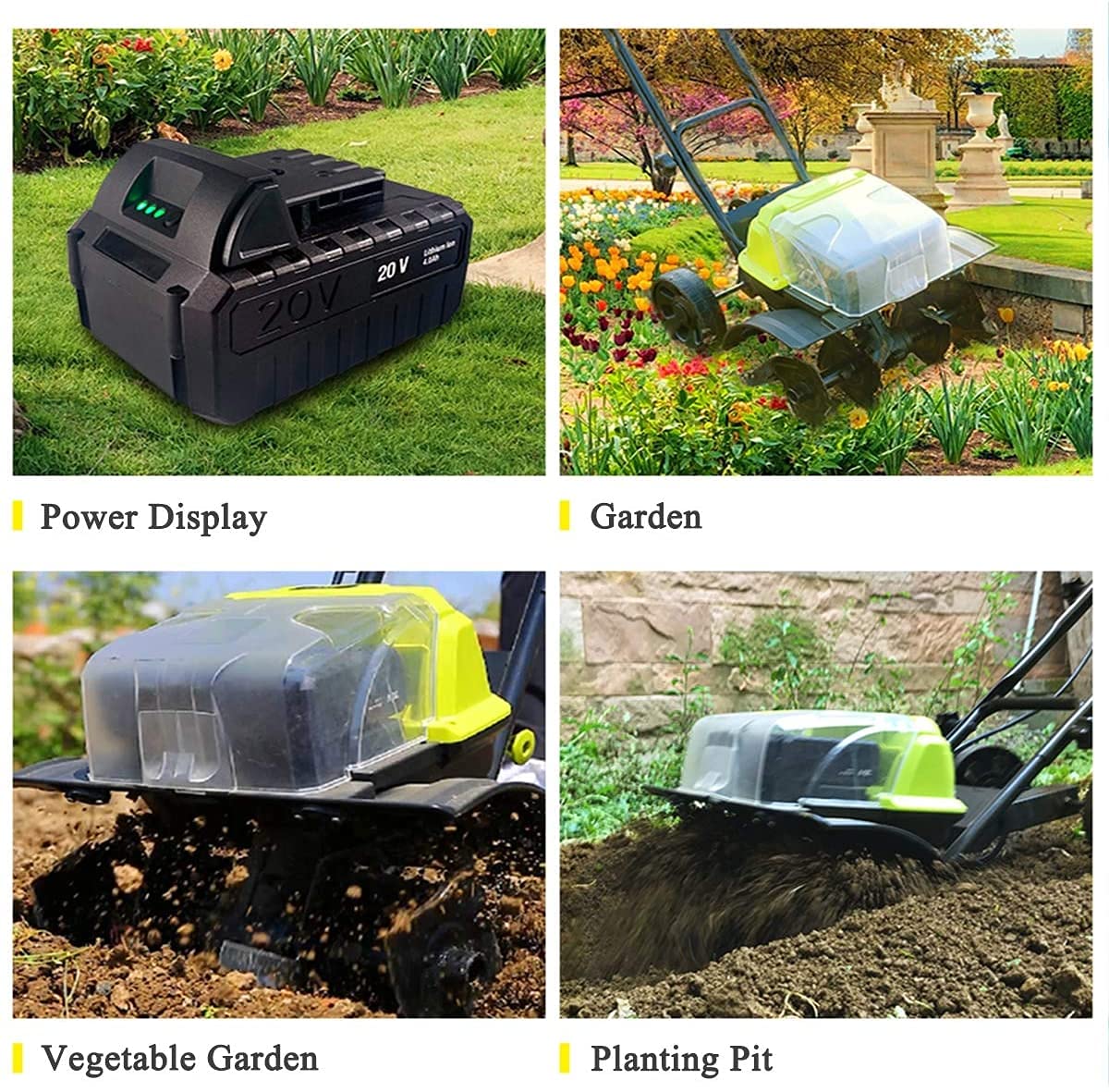 Motoazada de jardín,Rotavator inalámbrico,Rotavator de jardín inalámbrico con batería Recargable y Cargador para labranza,Profundidad 18 cm, Ancho de Tierra cultivada 36 cm,Cultiva
