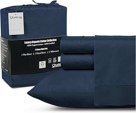 100% Organic Cotton Sheets Queen Size Set, 300 TC Deep Pocket Queen Sheets Set, Soft Breathable Sateen Weave 4 PC Elasticated Sheet & Pillowcase Sets, No Pill & Shrink, Fade Resistant- navy
