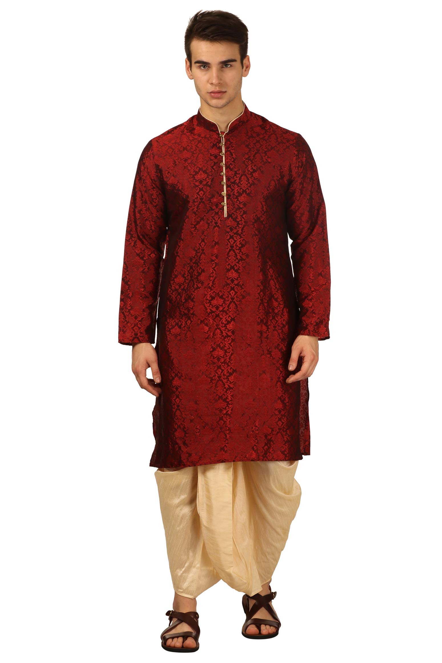royal kurta Mens Jacquard Silk Printed Kurta And Dhoti Pant (Red)-picture-41