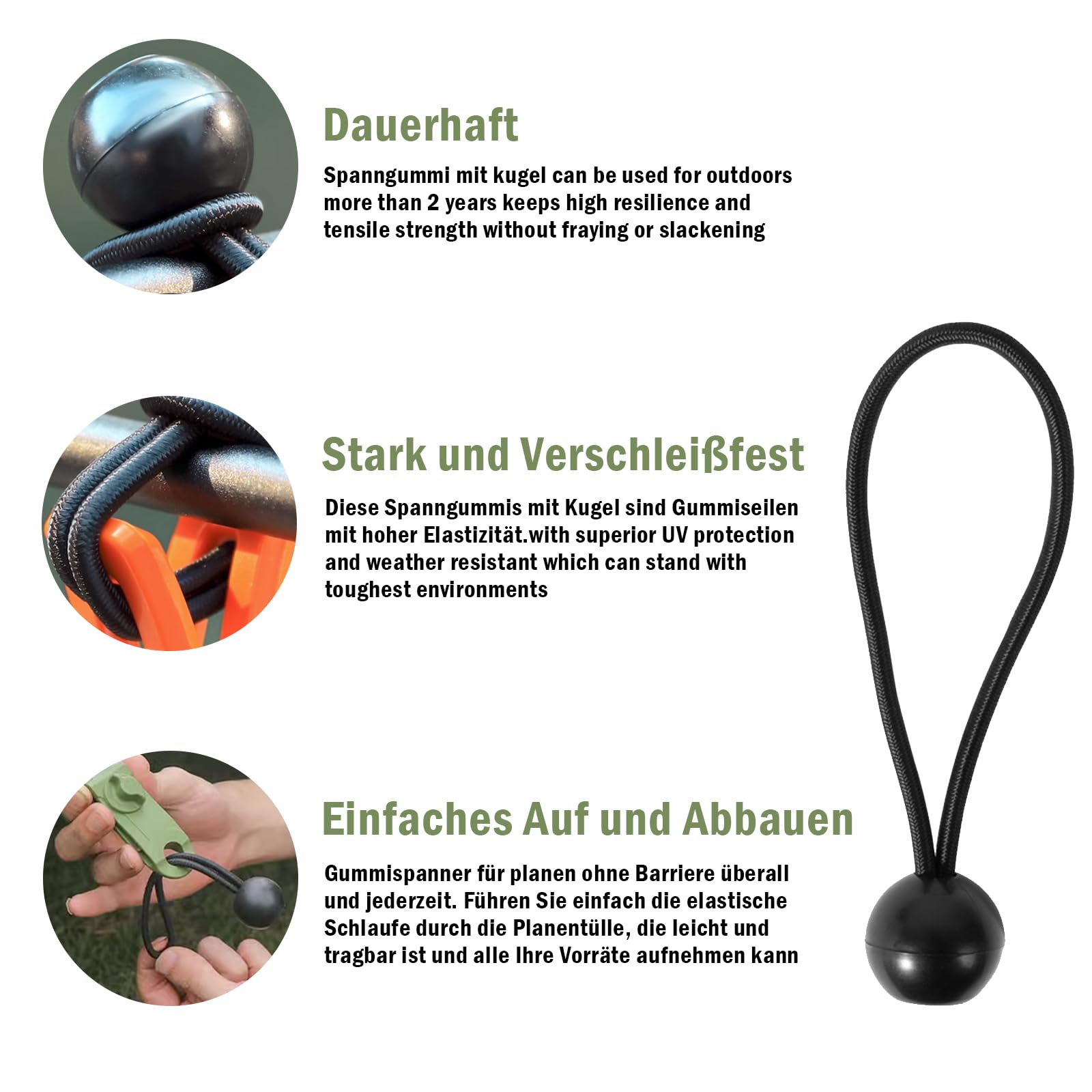 50 Tensores Elásticos Con Bola Para Toldos, Carpas, Cortinas – Negro, Resistentes A Rayos UV, Se Estiran Hasta 25 Cm