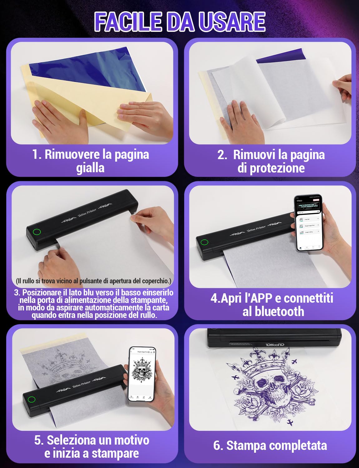YOHOOLYO Stampante Stencil Tattoo Termica Senza Inchiostro Ricaricabile Portatile per Tatuaggi con 10 Fogli di Carta