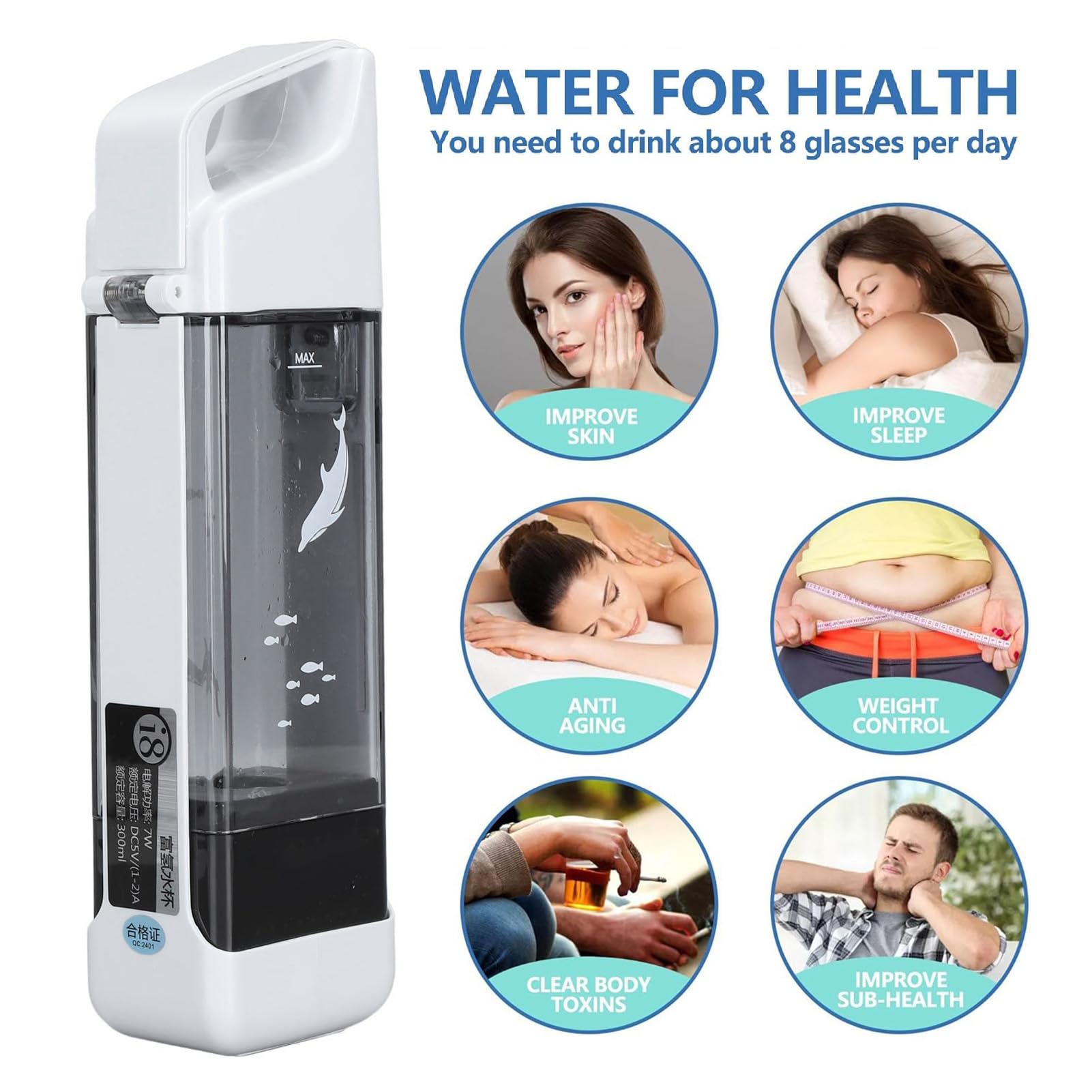 Botella de Agua de Hidrógeno, Máquina Ionizadora de Agua de Hidrógeno Portátil de 300 Ml, Electrólisis Rápida de 3 Minutos para el Hogar, la Oficina, los Viajes, el Consumo Diario