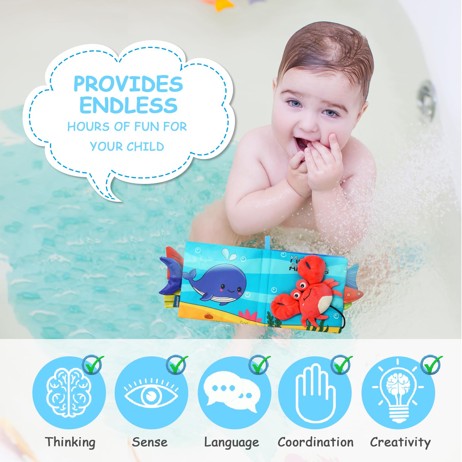 Vicloon Libro di Stoffa, 4 Pagine Interattivo, in Tessuto Morbido, per Bambini con Suono BB, Sensoriali Giochi Neonato Giocattoli Educativi, Granchio