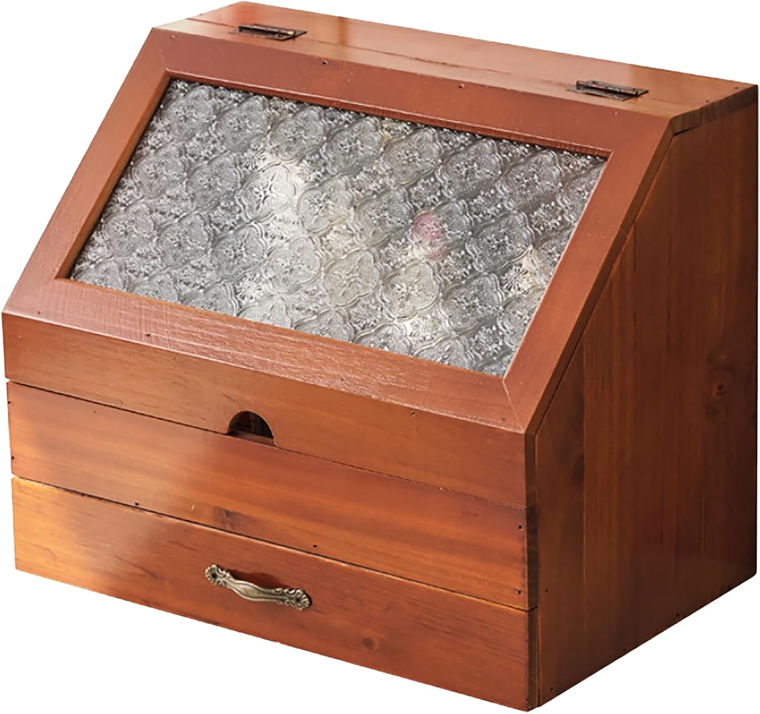 Art Nouveau Movement Tabletop Organizer with Decorative Victorian Floral Etch Glass Cover I 2-Tier Display Desktop Storage Box with Pressed Cathedral Glass Cabinet - Geometric Motif Mahogany Brown