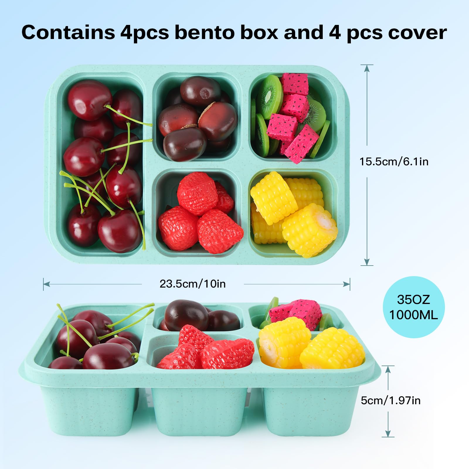 PHILORN 4 Pack Bento Box, Shatterproof Snack Container, 5 Compartment Meal Prep Containers, Lunch & Travel
