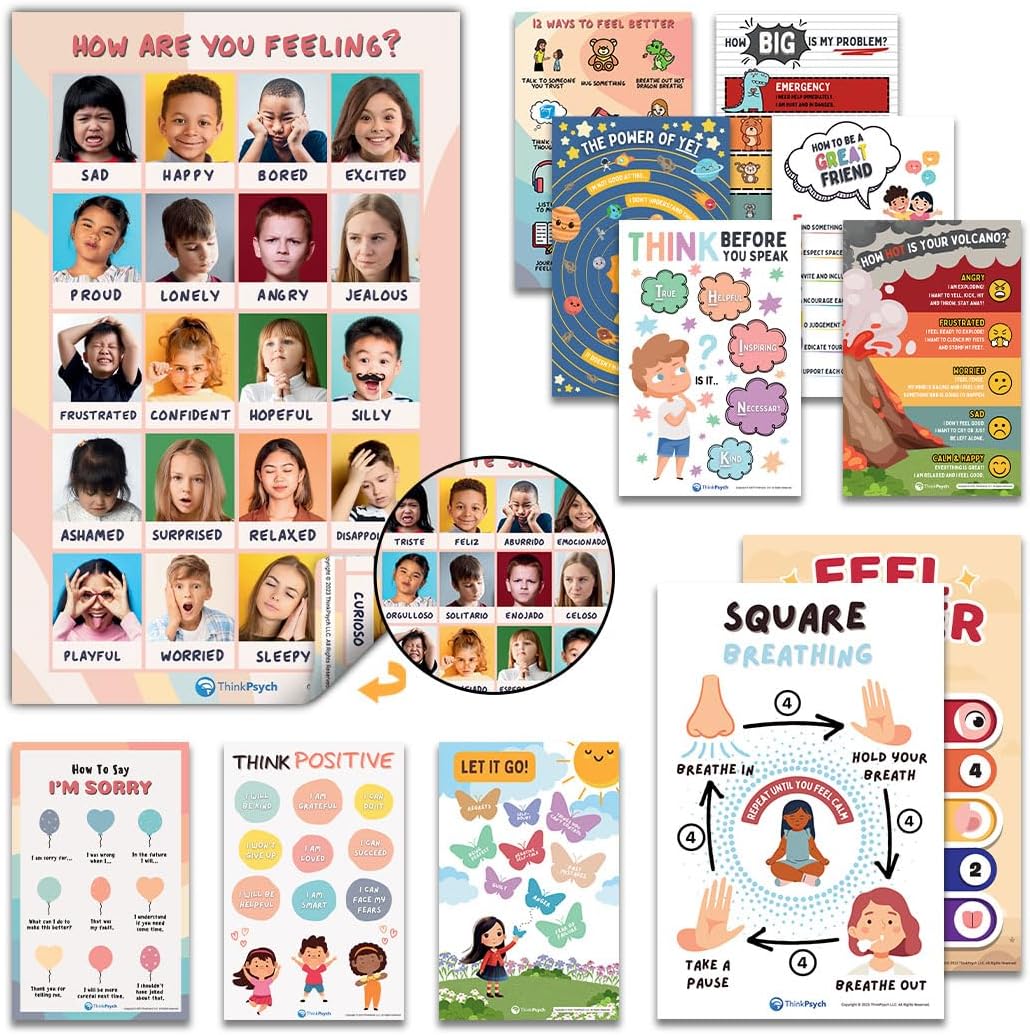 12 Laminated Feelings Posters for Kids - English & Spanish - Calm Down Corner Supplies - Therapy & School Counselor Supplies - Emotions Posters for Home and Calming Corner Classroom 12 Posters