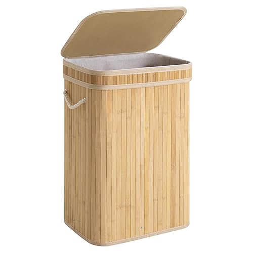 StorageWorks Laundry Hamper with Lid, Foldable Bamboo Laundry Basket, Clothes Hamper with Handles, Organizer and Storage for Laundry Room, Bedroom, Dorm, Natural - Natural