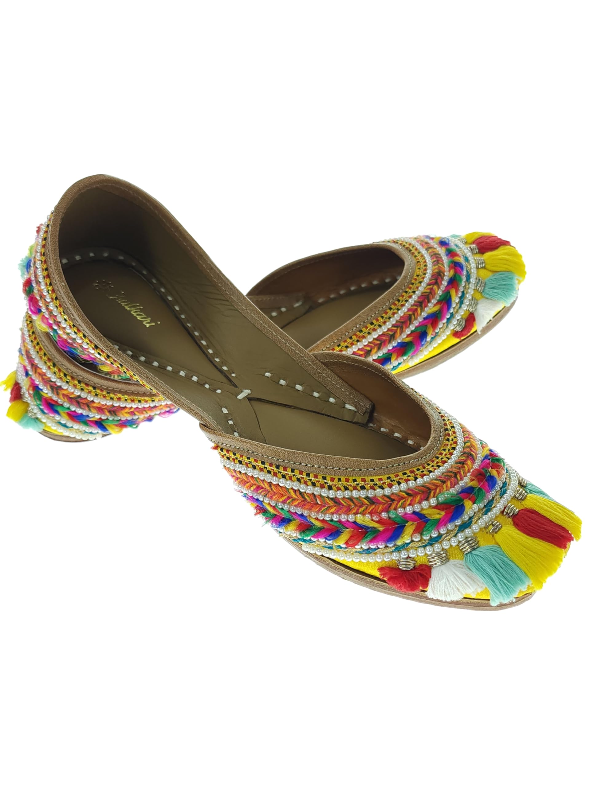 Women Mamane Yellow Multicolor Genuine Soft Leather Embroidered Jutis | Bite and Pinch Free Jutti | Punjabi Formal Juttis | Girl's Wedding Flat Ladies Mojari | Formal Ethnic Juti |-image-7