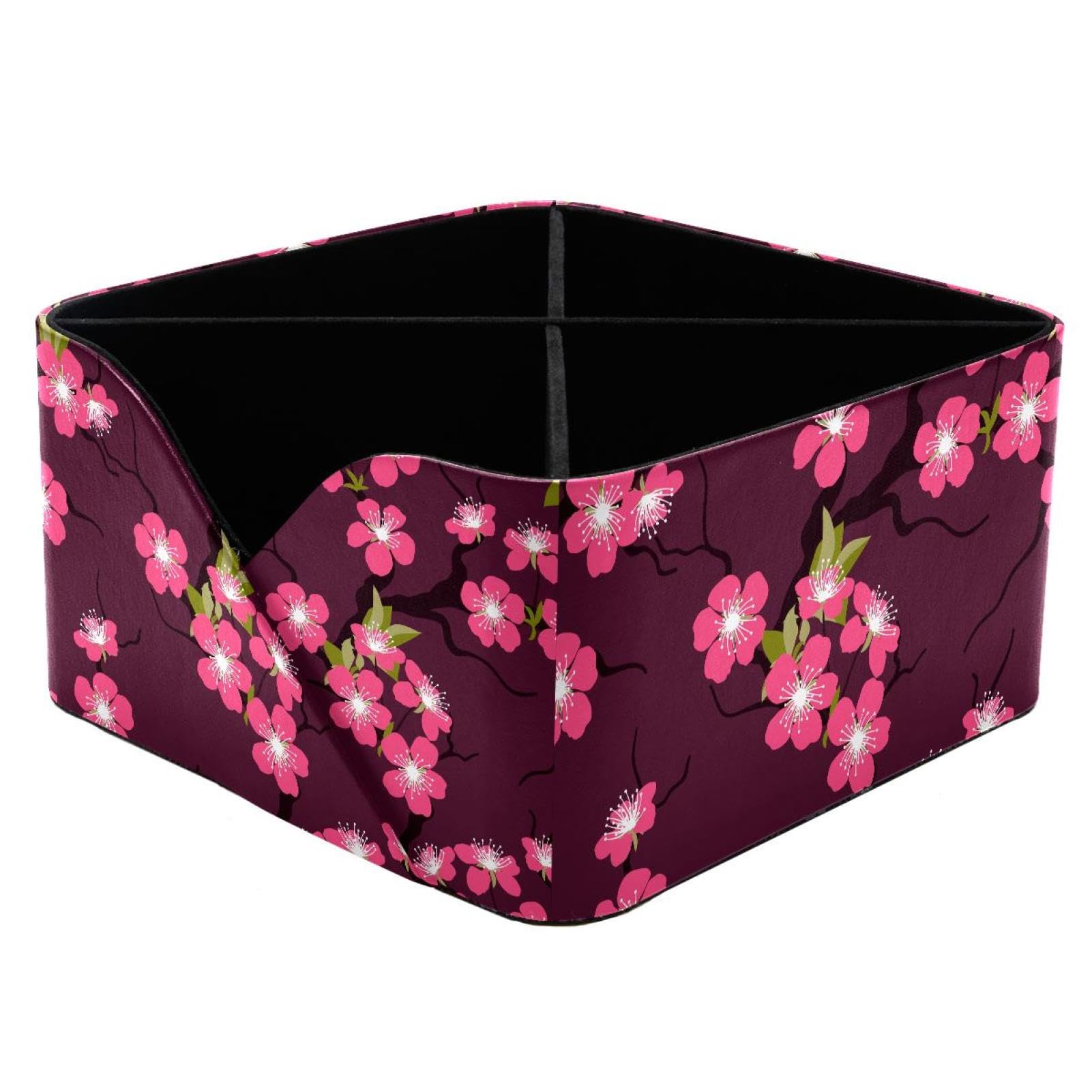 KengjuTesu Cherry Blossom Flower Desktop Organizer Pen Holder, Rectangular Pencil Cup for Office, Study and Makeup Stations