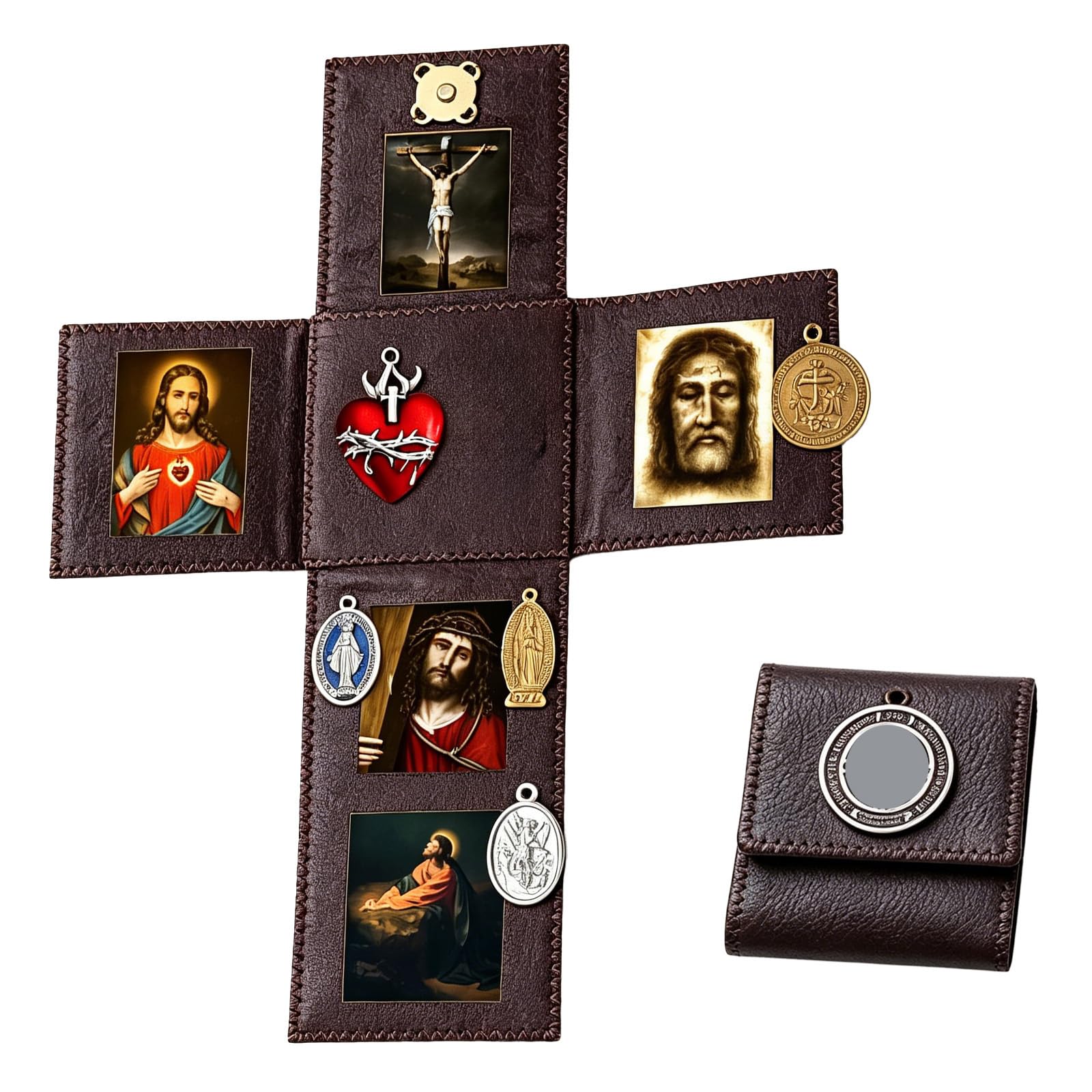 Portable Catholic Altar, Hand Folding Catholic Pocket Altar, Portable Devotional with Sacred Images and Religious Medals for Retreats, Travel and First Communion