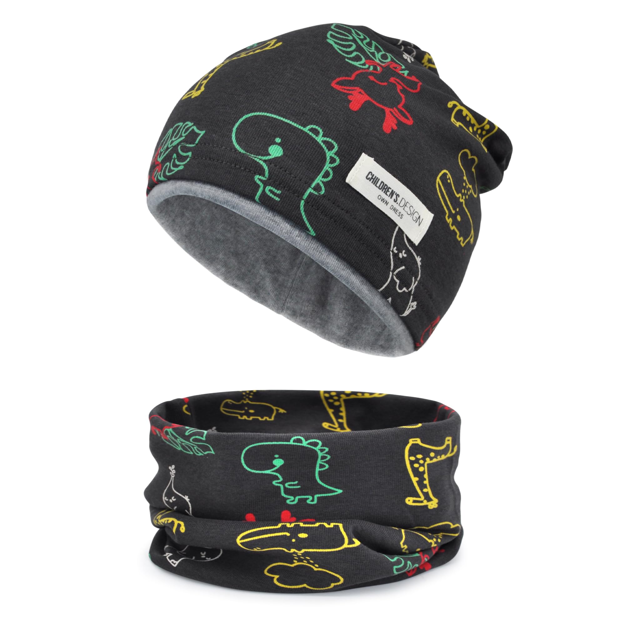 beifon Kinder Beanie Mütze & Loop Schal Set, 95% Baumwolle Mütze Schal Set Mädchen Jungen 2-8 Jahren, Schlauchschal Warme Wintermütze Strickmützen für Herbst Winter Frühling