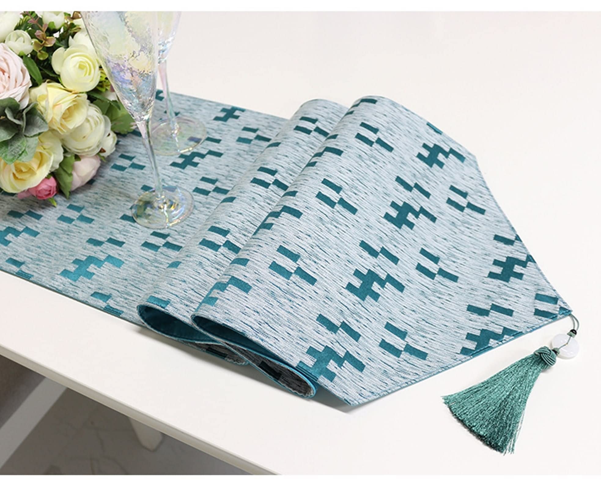 Epinki Tischläufer Wohnzimmer, Baumwolle Tischläufer Fleckschutz Quaste Dreieck Geometrisch Muster, Tisch Läufer für Picknick Party Küche Hochzeit (Grün, 35x183 cm)
