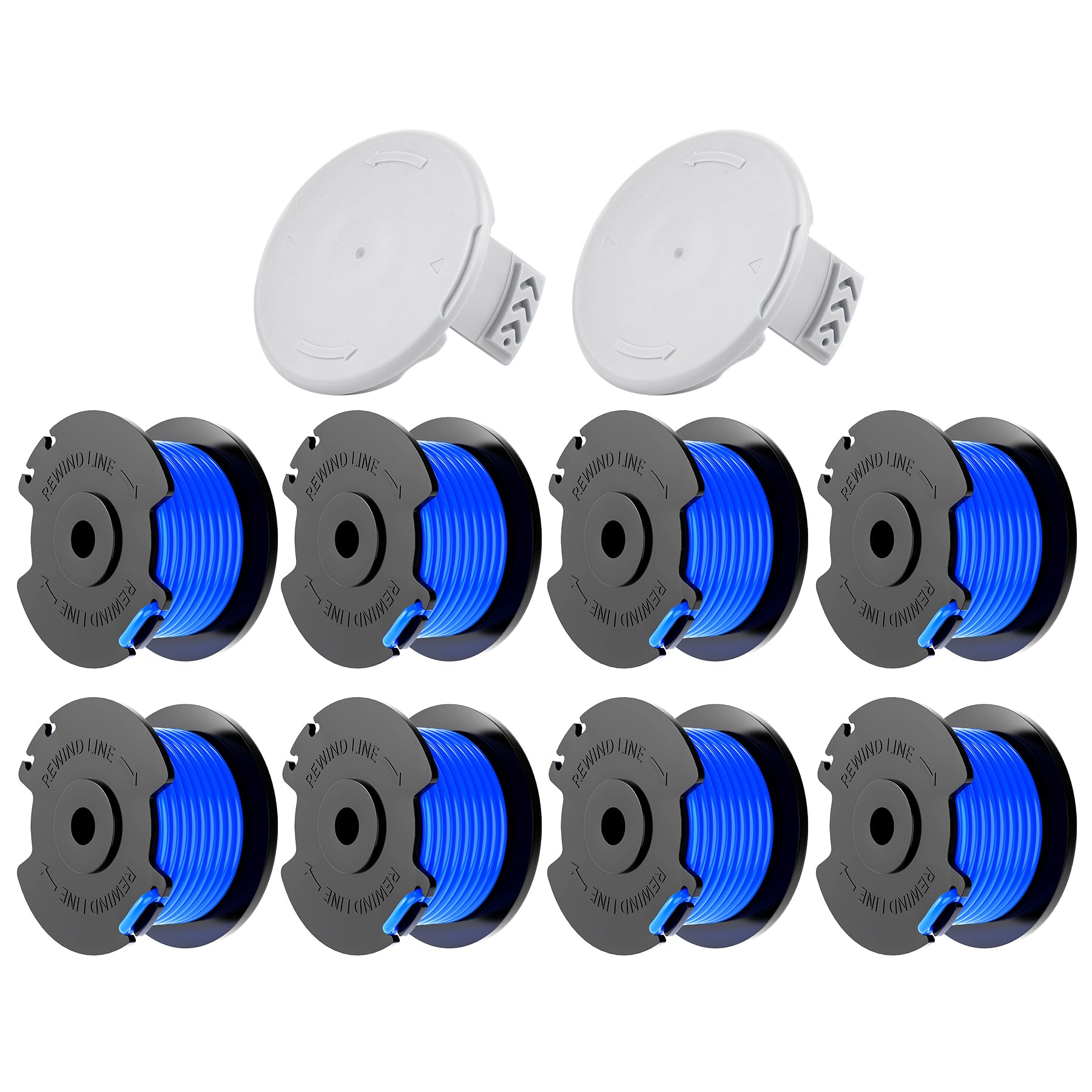 Forever Speed Szpula żyłki do podkaszarki do trawy 1,60 mm, 3,4 m, kompatybilna z podkaszarką Ryobi One+, model szpuli AC14RL3A (8 zapasowych szpul, 2 nasadki)