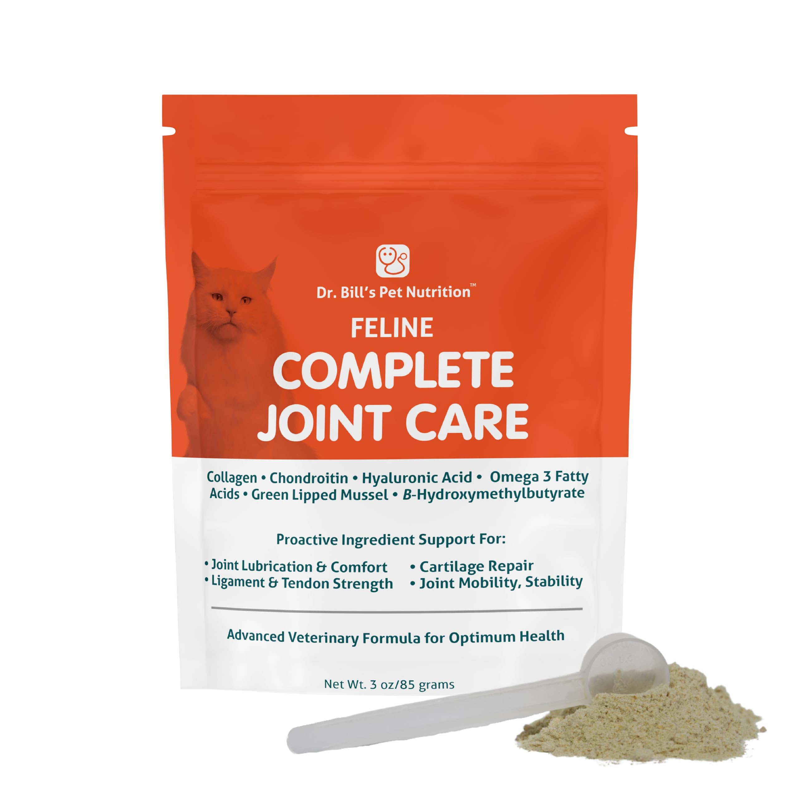 Dr. Bill’s Feline Complete Joint Care | Advanced Hip & Joint Supplement for Cats | Green Lipped Mussel Extract, Collagen Type II, Chondroitin, Hyaluronic Acid, Omega 3 and Colostrum | Powder, 85g