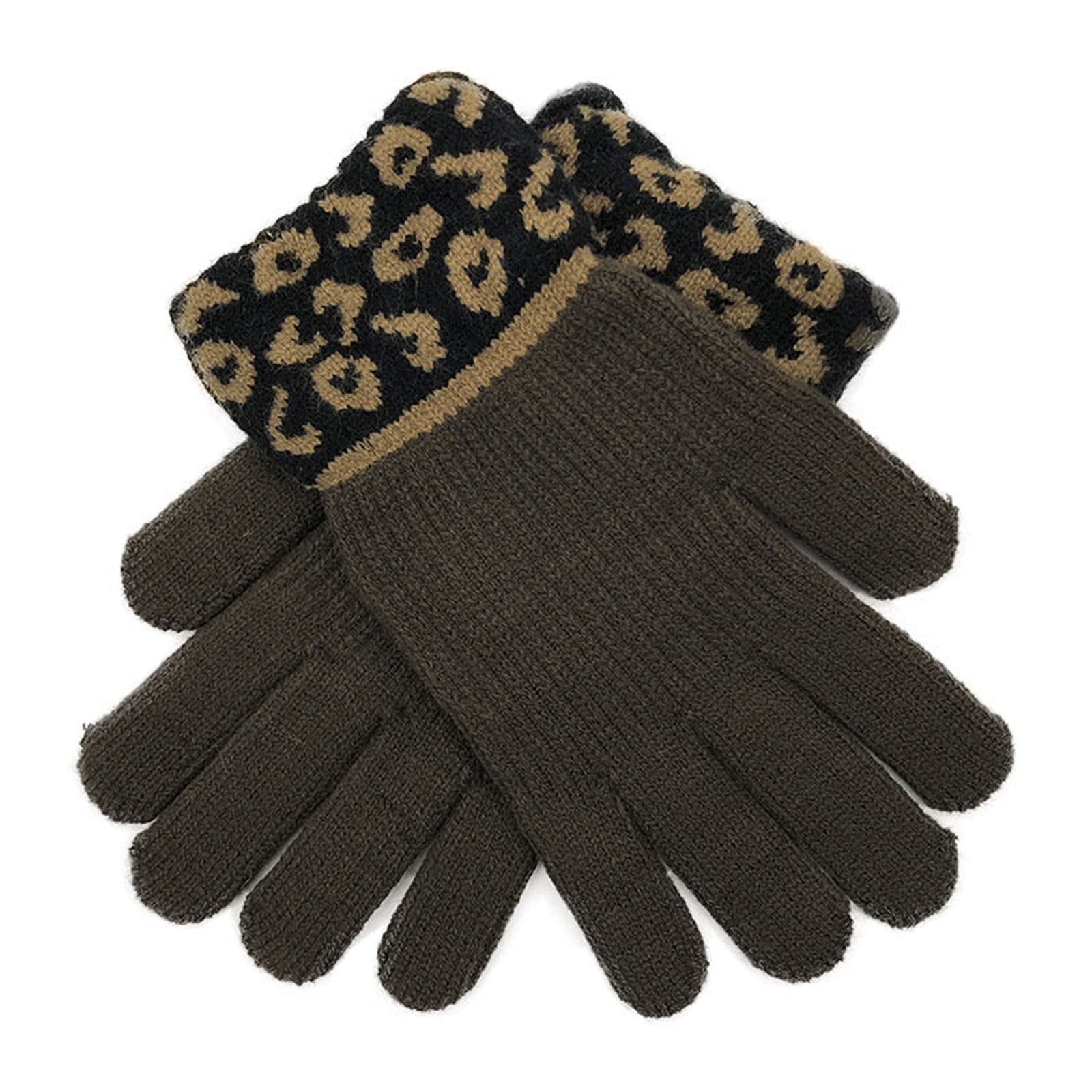 Wygwlg Winter Strickmütze Handschuhe Schal Set, 3 teilig Winter Strickset Leopard Print Warme Mütze Mütze Schal und Handschuhe Damen Mädchen (Color : Brown, Size : 400g)