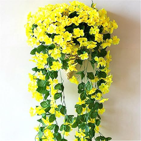 Amazon 人工吊り花 花のぶら下がっている花 人工絹紫色の花シミュレーション植物の壁ぶら下がっているアイビッドの蘭の花つるホームの結婚式の背景の壁の装飾 Color Yellow 造花 オンライン通販