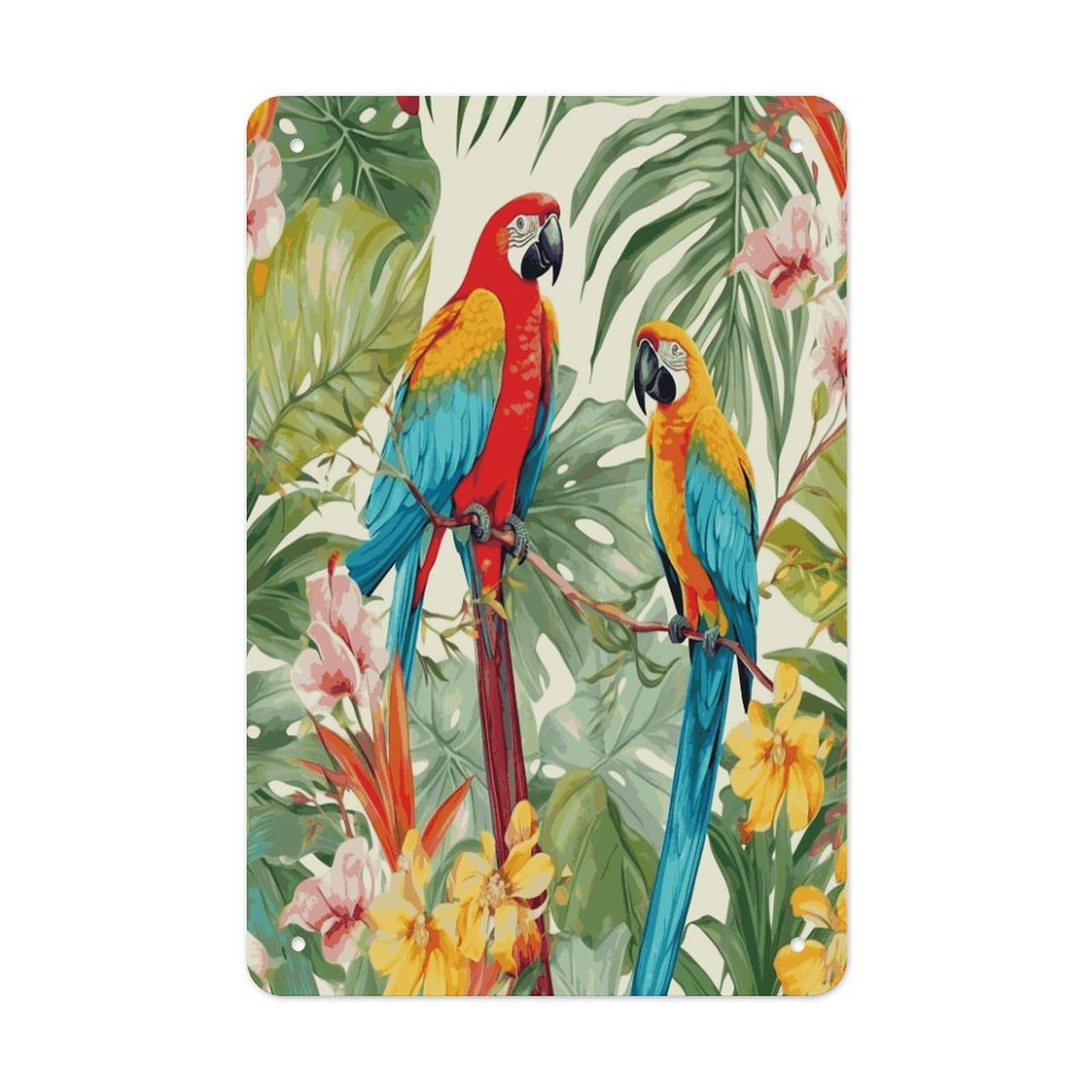 LDGSUPH Tropical Plants And Parrots Wall Art Prints Folded Edge Iron Sheet Painting with Holes for Wall Prints Decorative Picture Metal Signboard Decor Painting for Outdoor Indoor Wall Decor