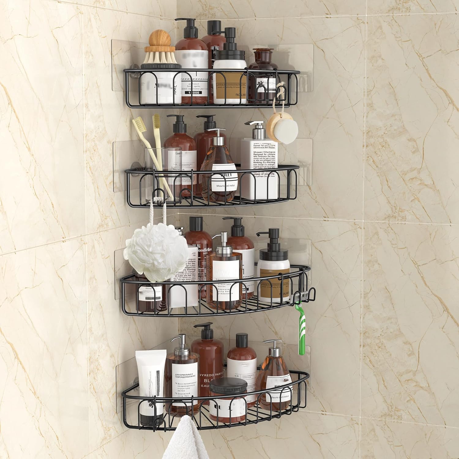 Orimade Corner Shower Caddy Stainless Steel with Hooks Wall Mounted Bathroom Shelf Storage Organizer Adhesive No Drilling 4