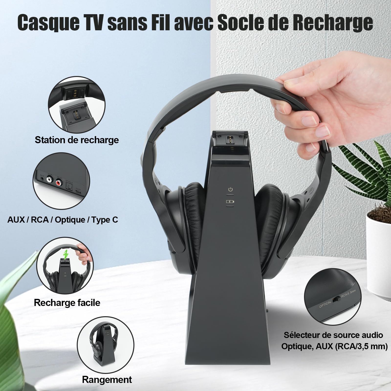 Casque TV sans Fil avec Base de Recharge, Casque sans Fil pour Regarder la Télévision, Gros Boutons de ContrôLe du Volume et Amplification du Son pour Les Personnes âGéEs, Casque LéGer et Confortable