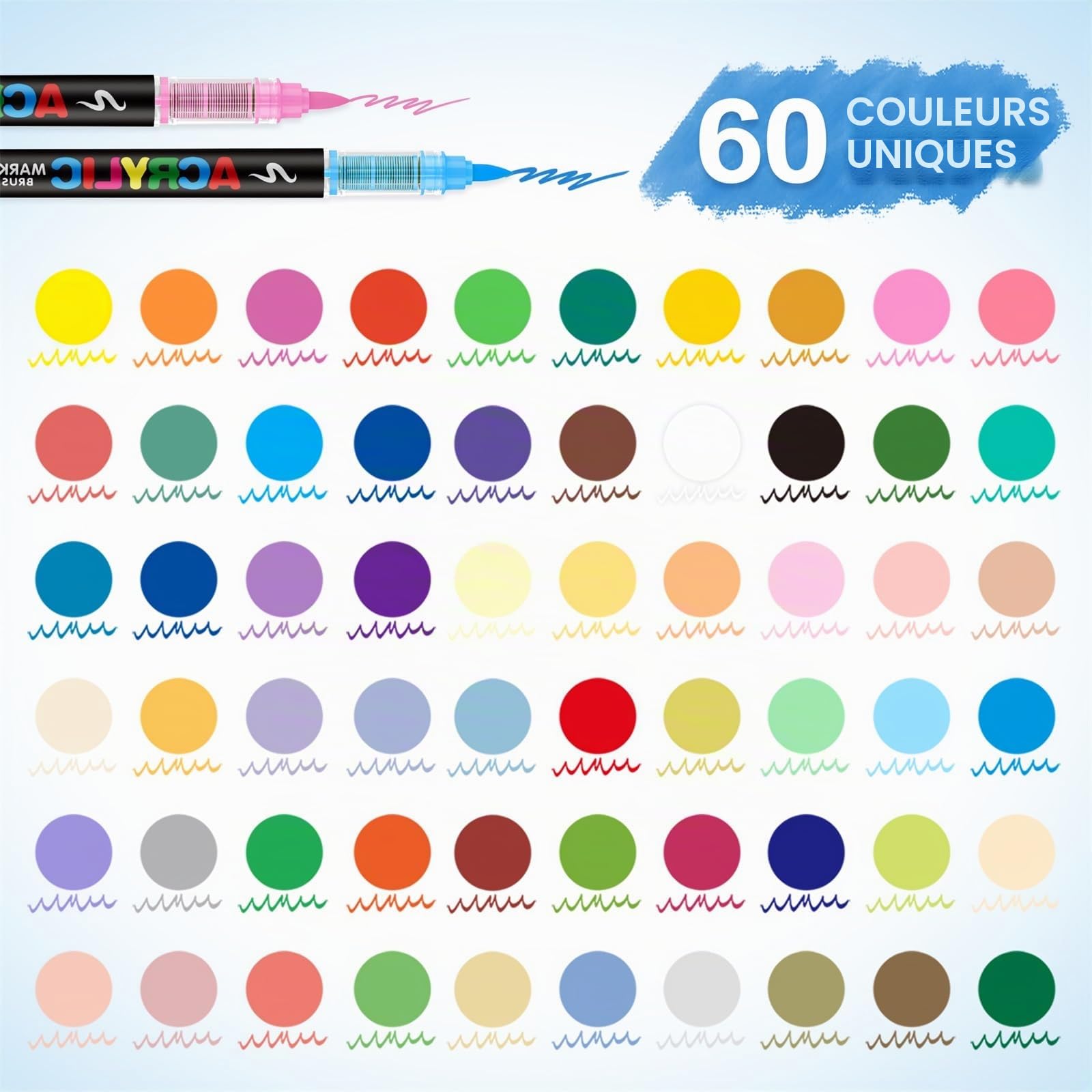 Guangna 60 Couleurs de Marqueur Acryliques, Acrylic Paint Markers pour Papier, Verre, Galet, Métal, Plastique, Bois