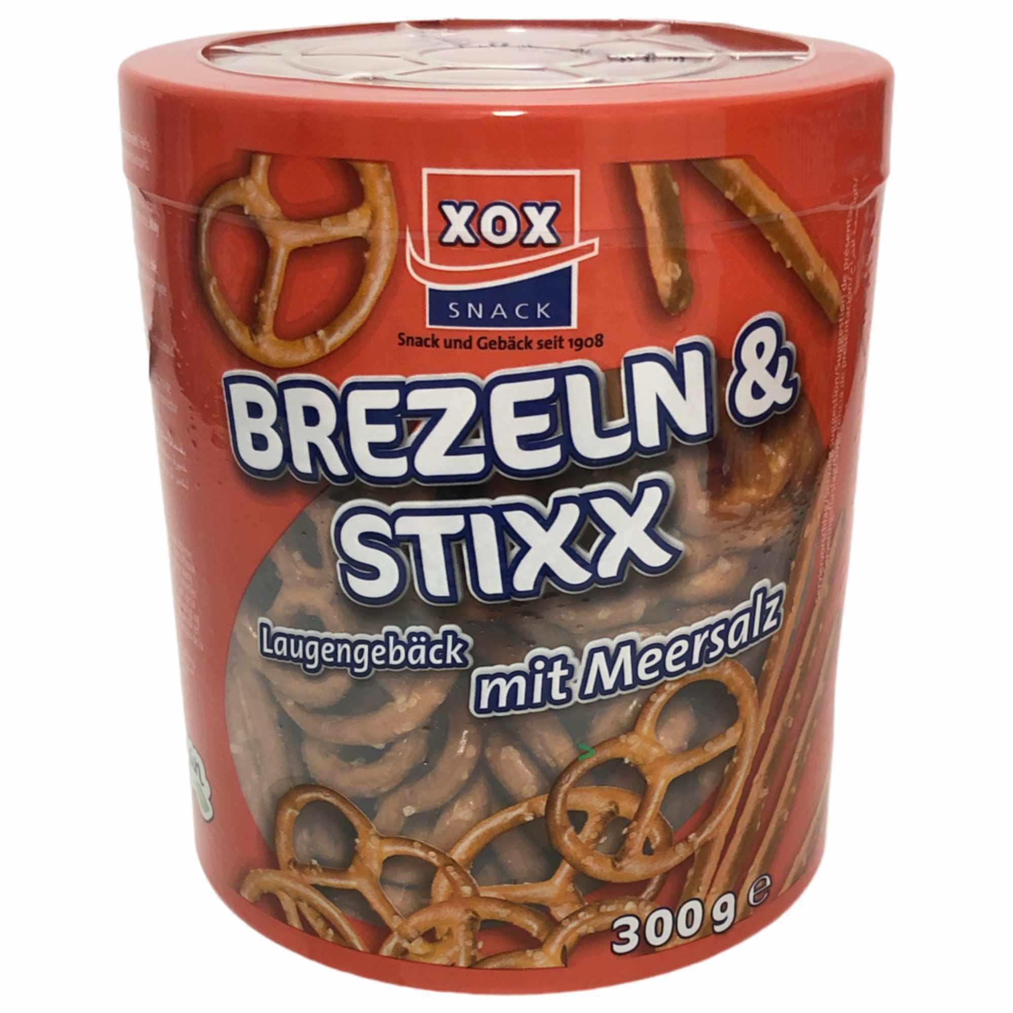 XOX Salzstangen Brezeldose Laugengebäck mit Meersalz 6er Pack (6x300g Dose) + usy Block