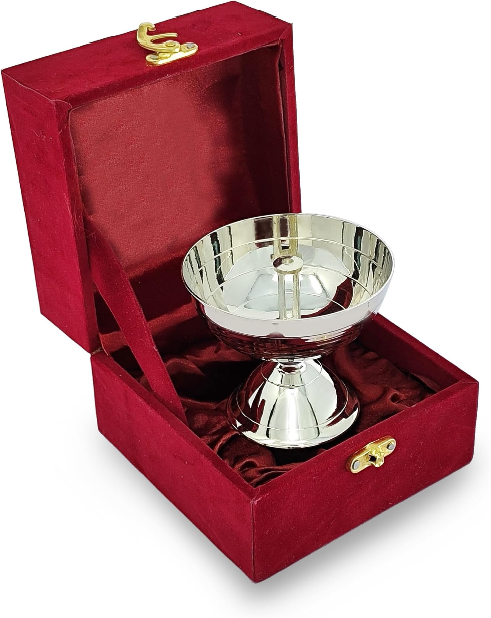 BENGALEN Silver Plated Diya with Red Velvet Gift Box