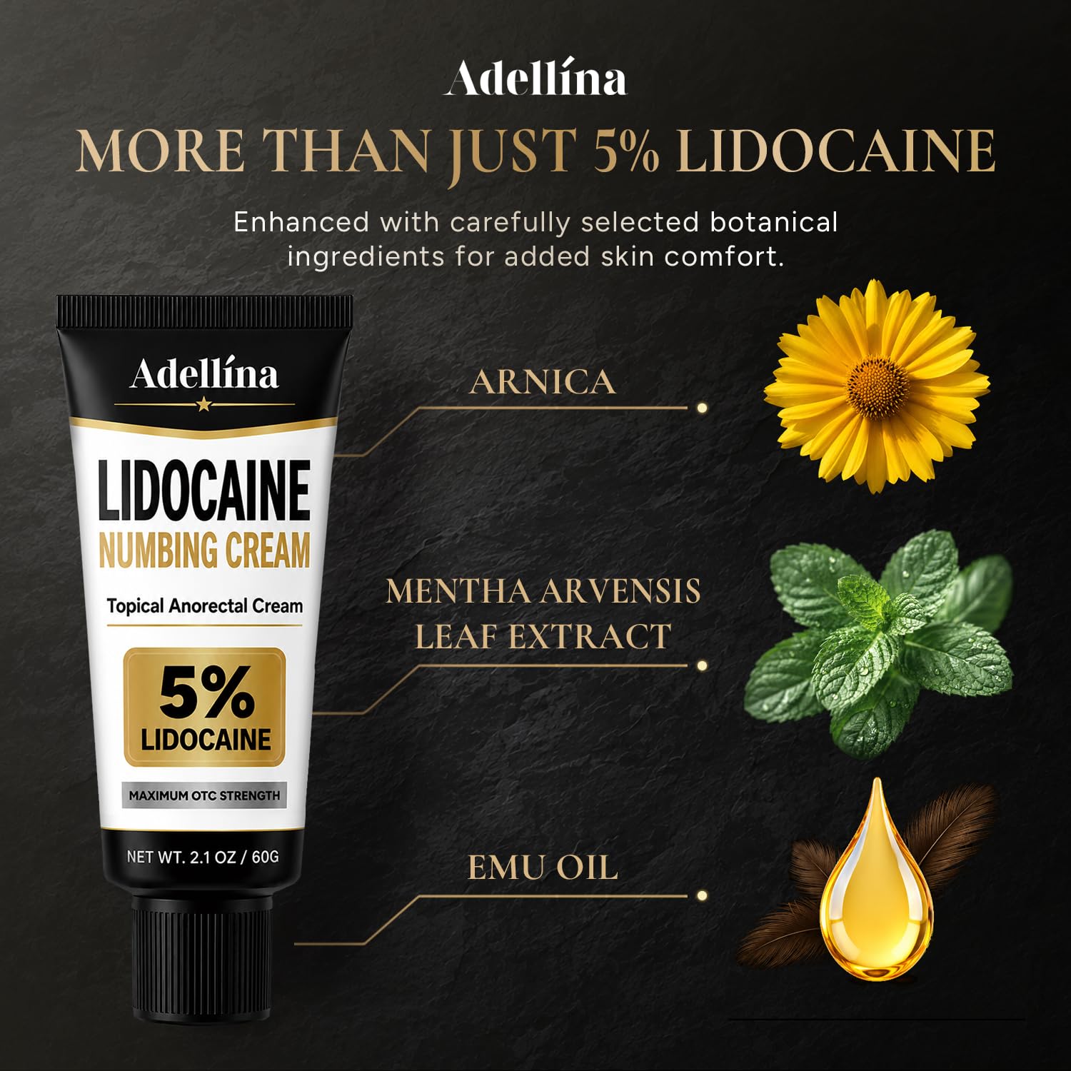 Adellina 5% Lidocaine Numbing Cream: Maximum Strength Lidocaine Cream for Temporary Relief of Itching Burning & Hemorrhoid Discomfort, Fast-Acting Topical Analgesic Cream, 2.1 Ounce (Pack of 1) — Amazon image 2