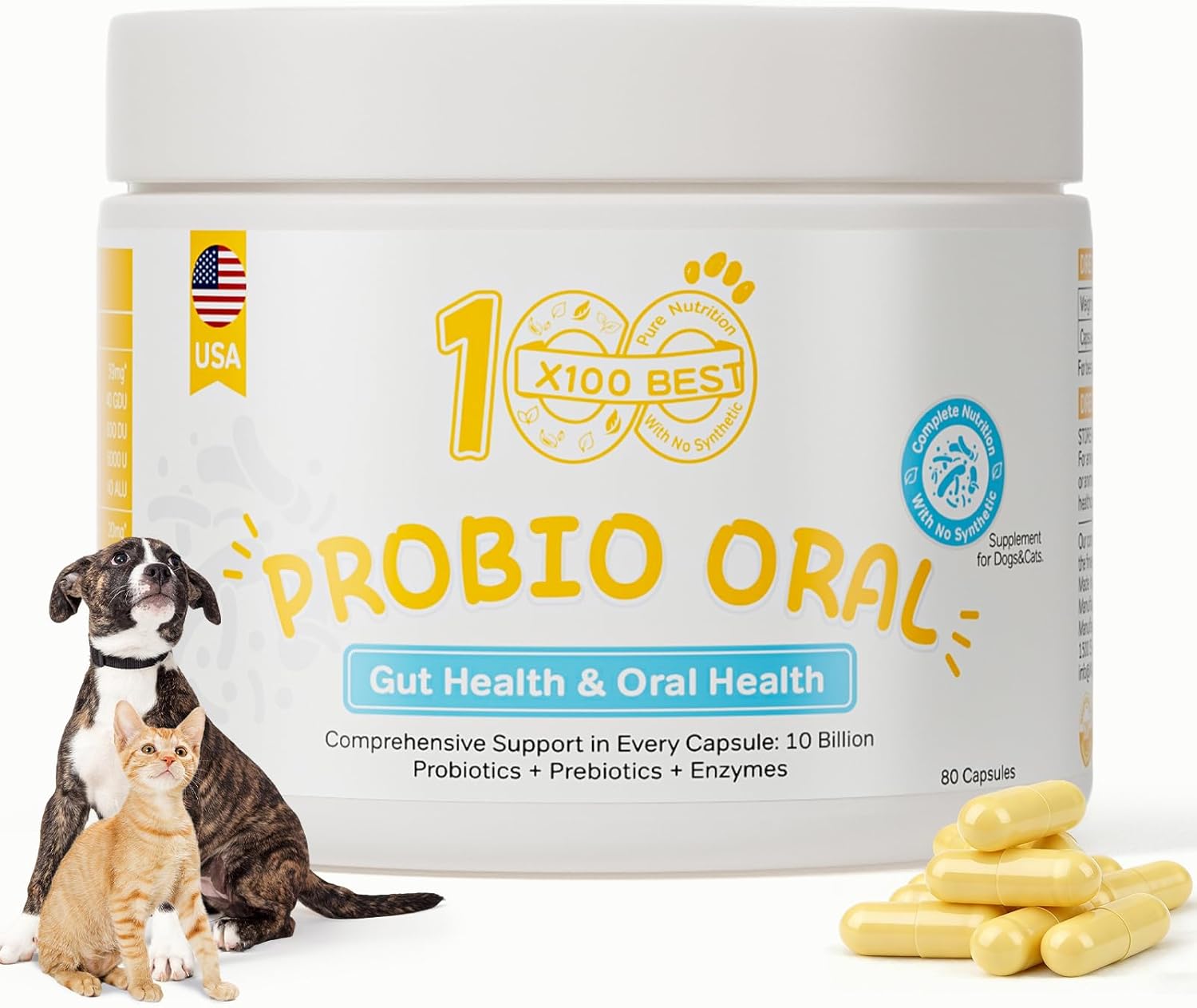 Probiotics for Dogs 33.3 Billion CFU – 11 Patented Strains & 4 Digestive Enzymes – Gut Health, Immunity & Oral Care – Organic Prebiotics & Oral Complex for Bad Breath – for Cats (80 Capsules)