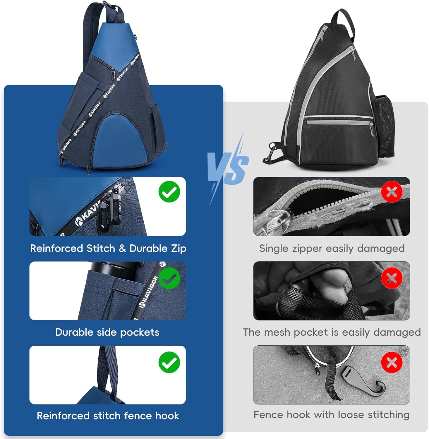 KAVIGOR Pickleball Bag, 7 Pockets & Upgraded Zippers, Lightweight Sling Bag with Detachable Strap & Water-Resistant Pocket