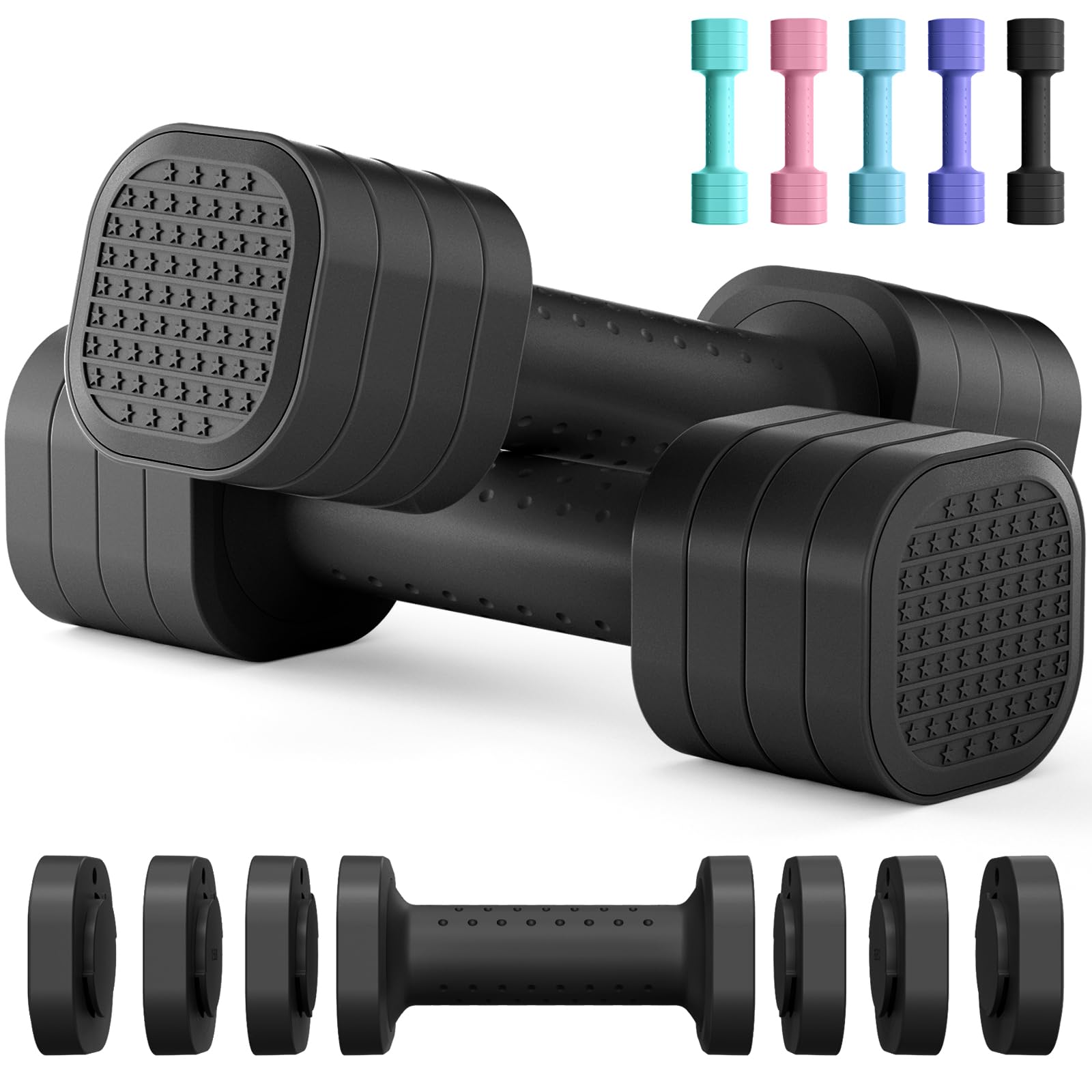 Zempox Adjustable Dumbbell Set, 4 in 1 Free Weight Dumbbell Set for Women, Hand Weight for Women at Home, Each 2lb 3lb 4lb 5lb with TPU Soft Rubber Handle for Home Gym Aquatic Fitness Equipment Black Square