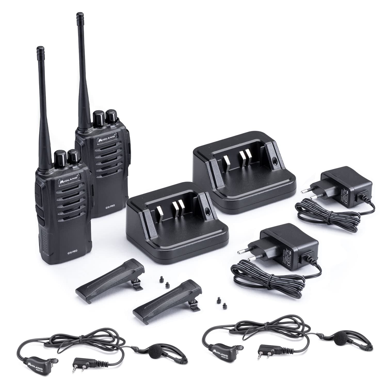 Midland G10 PRO Doppio Walkie Talkie Ricaricabile con Microfono Midland MA21-Lki Doppio, Radio Ricetrasmittente Semi Professionale con 32 Canali PMR446 Senza Licenza, 2 Walkie Talkie e 2 Microfoni